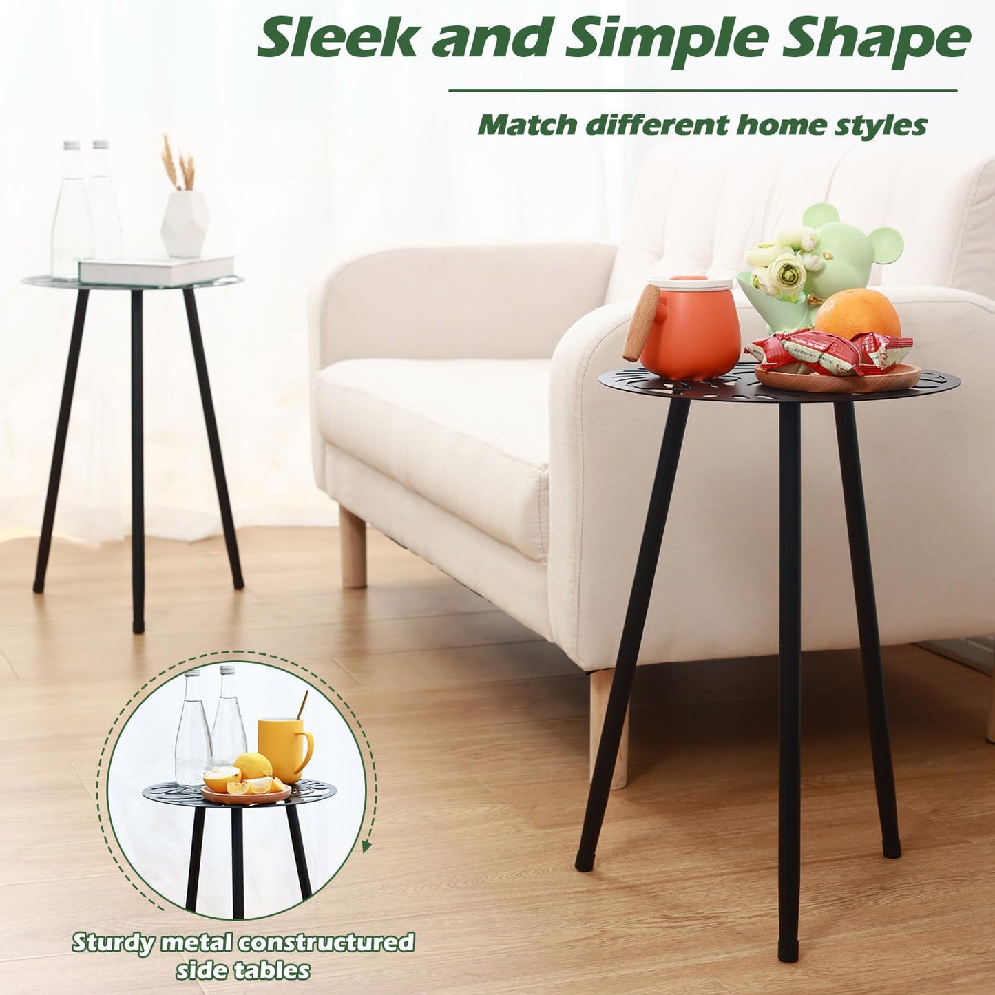 1 Pack Metal Outdoor Side Tables Small Outside Round End Table for Patio Modern Accent Garden Corner Table for Small Spaces, Balcony, Porch, Weather-Resistant, Plant Stand Indoor, Black