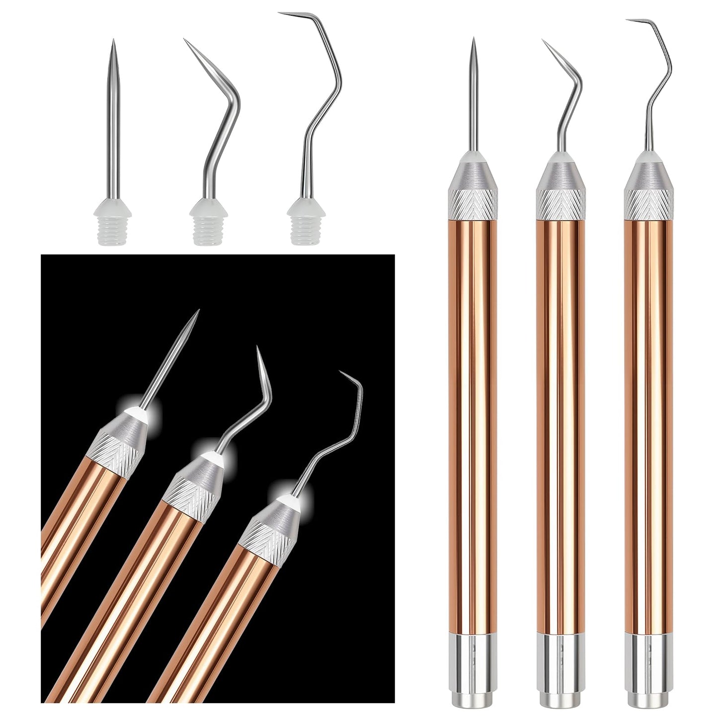 3PCS LED Weeding Tools for Vinyl with Light with Pin and Hook Lighted Pin Pen Weeding Tool for Removing Iron on Tiny Vinyl Paper Silhouette Cutting Machines Supply (Rose Gold) (3PCS-Rose Gold)