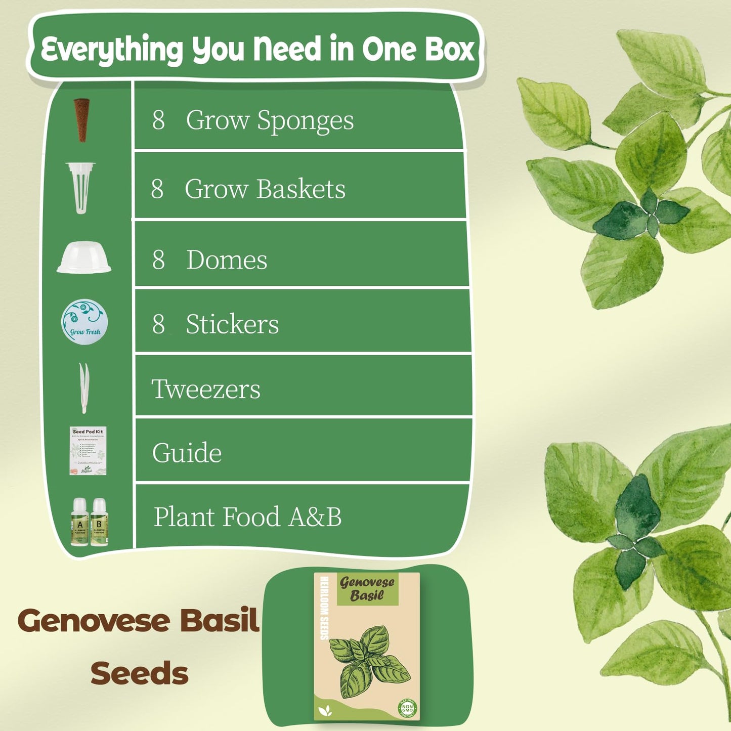 Basil Seed Pods Kit Hydroponic - Refill Herb Pod for All Indoor Garden, 8 Grow Pods with Seeds of Genovese Basil & Plant Food, Compatible with All Hydroponics Growing Systems