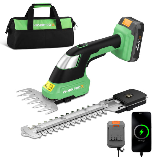 WORKPROX 20V Cordless Grass Shear & Shrubbery Trimmer - 2-in-1 Handheld Electric Grass Trimmer Hedge Shears/Grass Cutter with Tool Bag, Rechargeable Lithium-Ion Battery and Type-C Cable Included