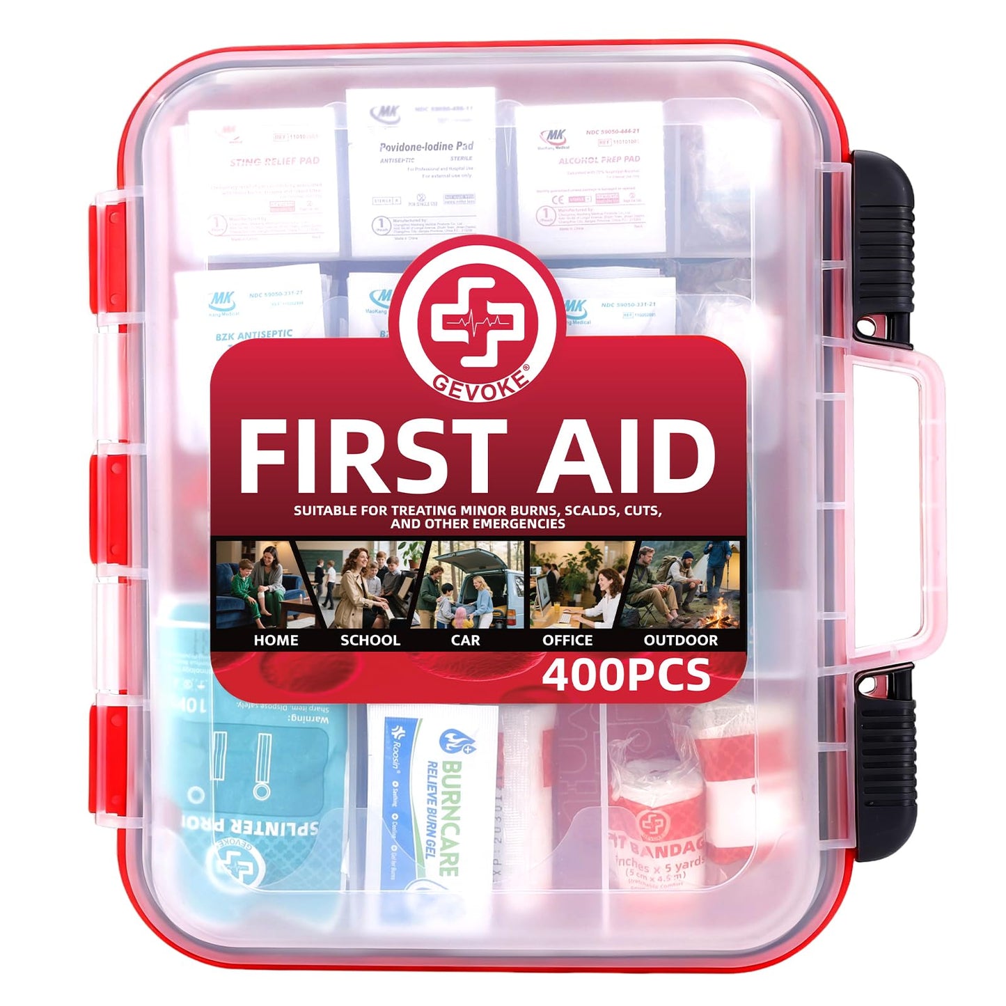Gevoke 400 Piece First Aid Kit - Organized Dual-Layer Wall-Mountable Hard Case Medical Kit for Home, Car, Camping, Travel, Hiking, Truck, Office, Sports, Vehicle & Outdoor Emergencies