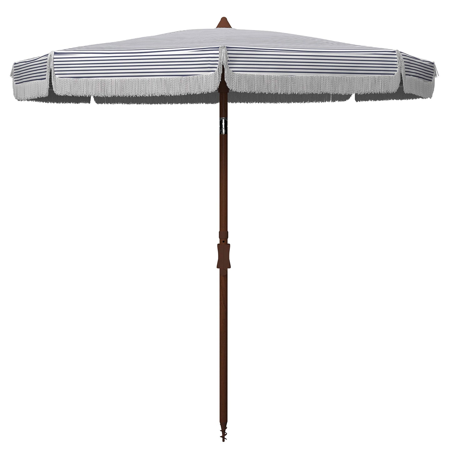 SAFAVIEH 6.5ft Outdoor Patio Umbrella, Round, Copen Collection, White & Navy Stripe, Fringe Trim, Button Tilt, UV Resistant for Deck, Backyard, Poolside (PAT8501B)