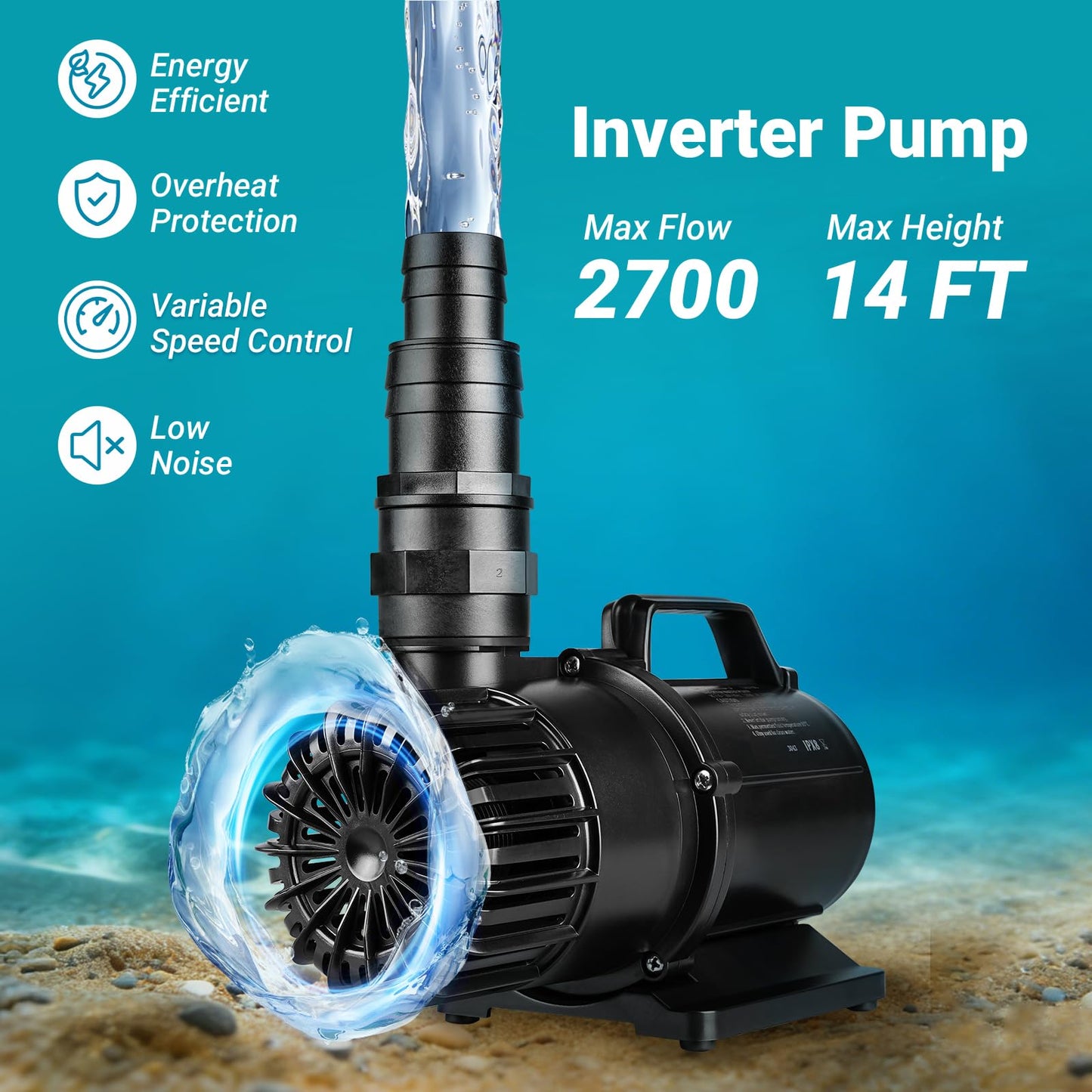 ANILUV 2700GPH Inverter Pond Pump, 100W Energy Efficient Submersible Pump | 14ft Lift Height, Pond Pumps for Outdoor Ponds – Ideal for Koi Ponds, Waterfalls, Hydroponics & Fish Tanks