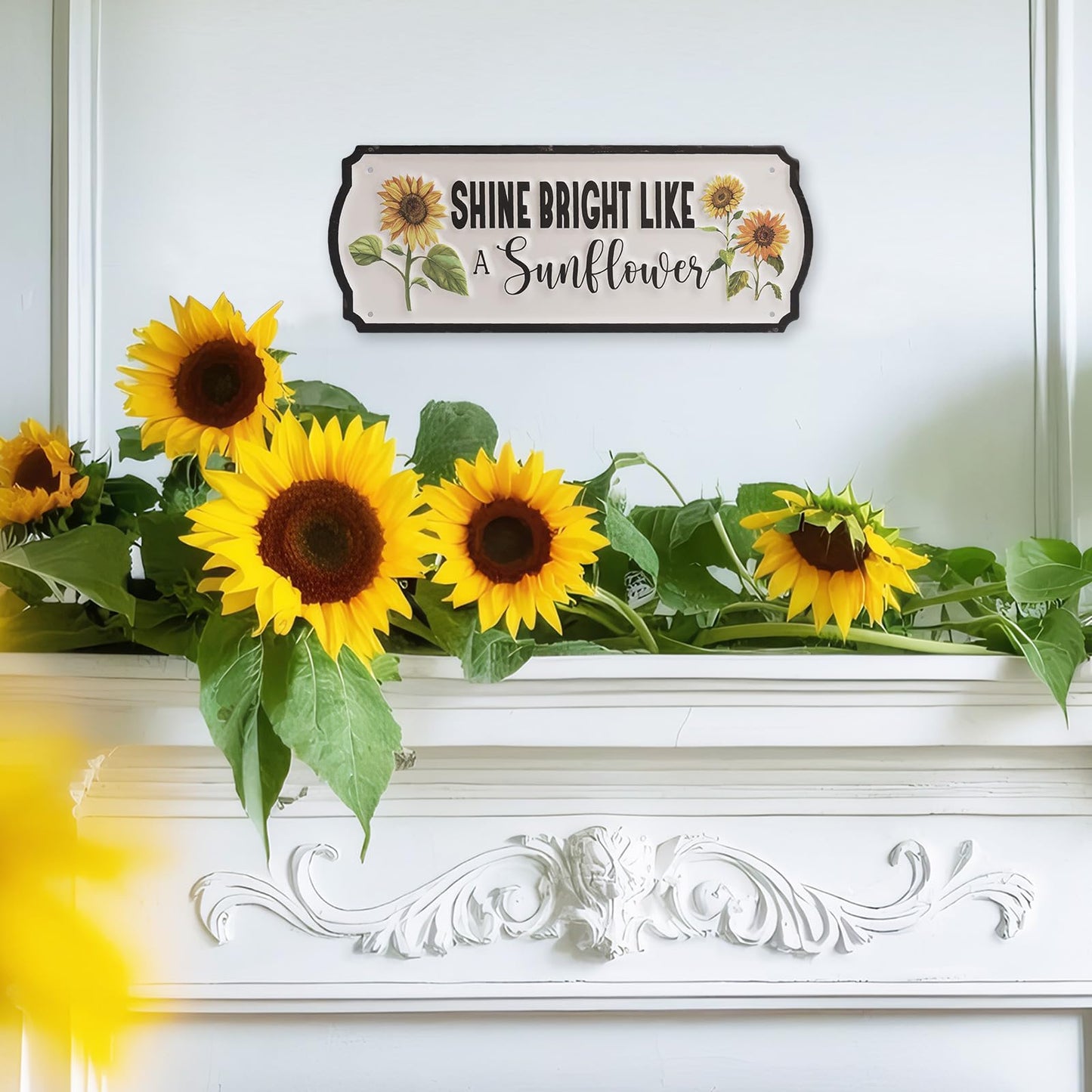 pechpell Metal Sunflower Wall Decor, 15.7"×5.9" Outdoor Sun flower Sign Fence Yard Patio Porch Garden Wall Art, Kitchen Bathroom Bedroom Decorations for Home