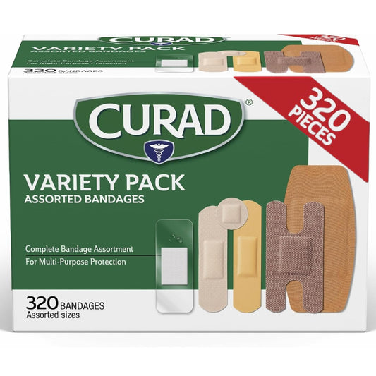 CURAD Assorted Bandages Bulk Variety Pack | 320 Count |5 Styles Including Waterproof, Sheer, Plastic, Heavy Duty & Flex-Fabric | First Aid Kit Essentials | Protects Scrapes, Cuts & Burns