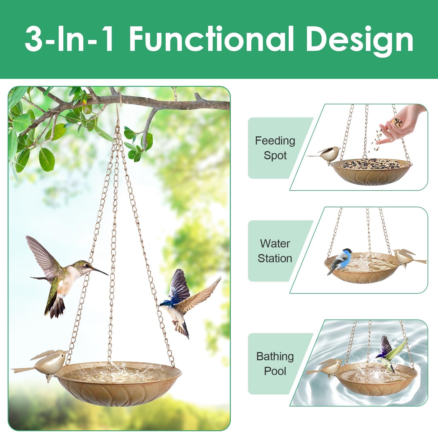 Hanging Bird Bath for Outside, 2 Pack Metal Birds Feeder & Water Bowl with Chains and S-Hooks,Birdbath Hanging for Outdoors Bird Feeder Seed Tray Garden Yard Decor (Rustic Gold)