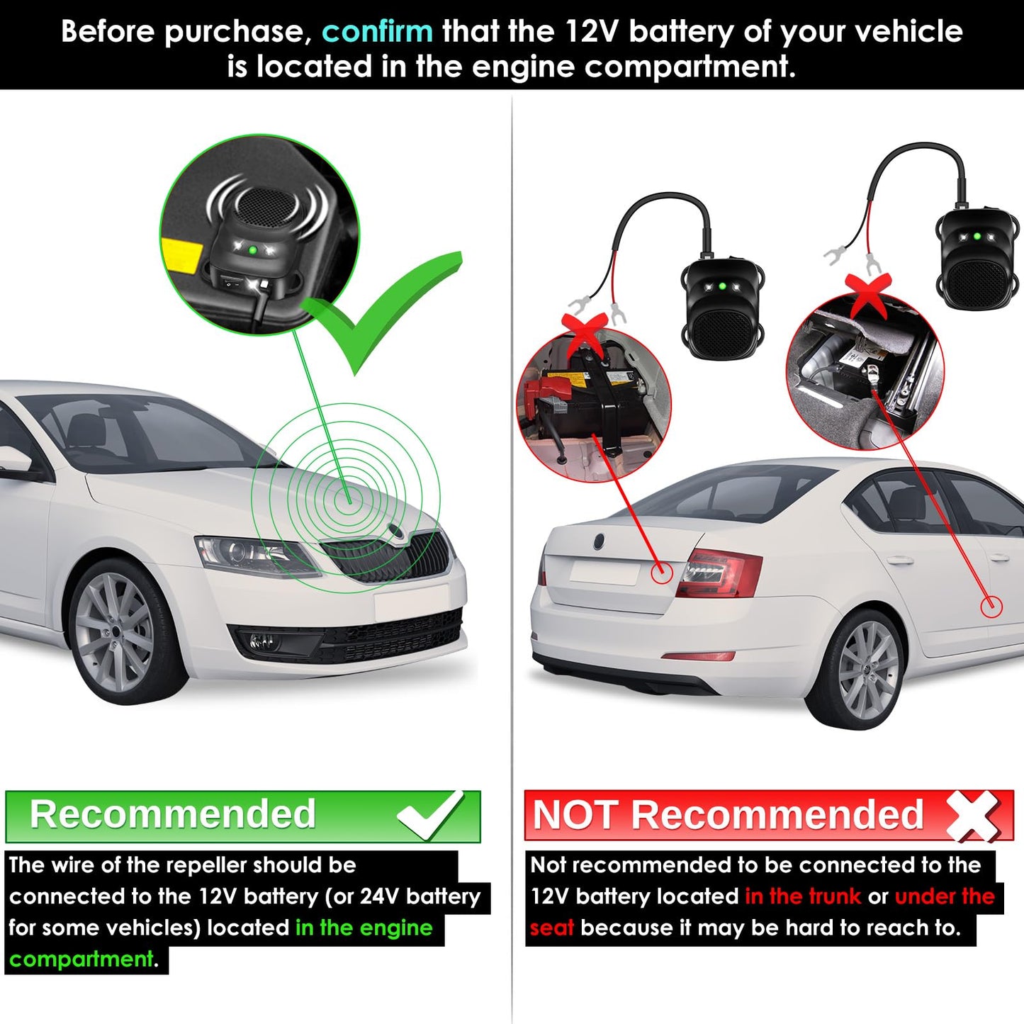 Loraffe 2 Pack Under Hood Animal Repeller Car Rat Repeller Rodent Repeller Ultrasonic Mouse Deterrent for 12V Vehicle Get Rid of Mice in Car Engine