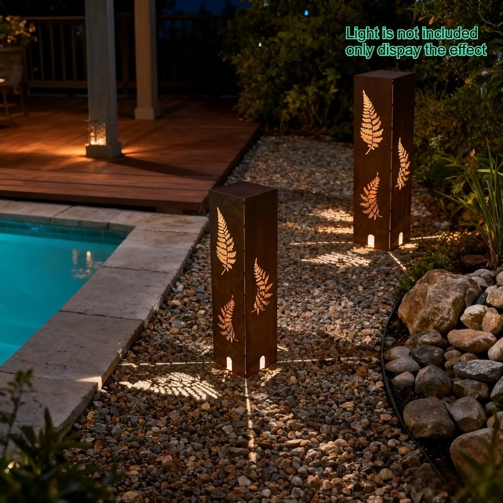 YBLCOZYC Rusty Fern Hand Welded Garden Column - Courtyard Metal Sculpture & Landscape Art for Outdoor Decoration (Batteries/Bulbs Not Included)(40cm/15.76inch)