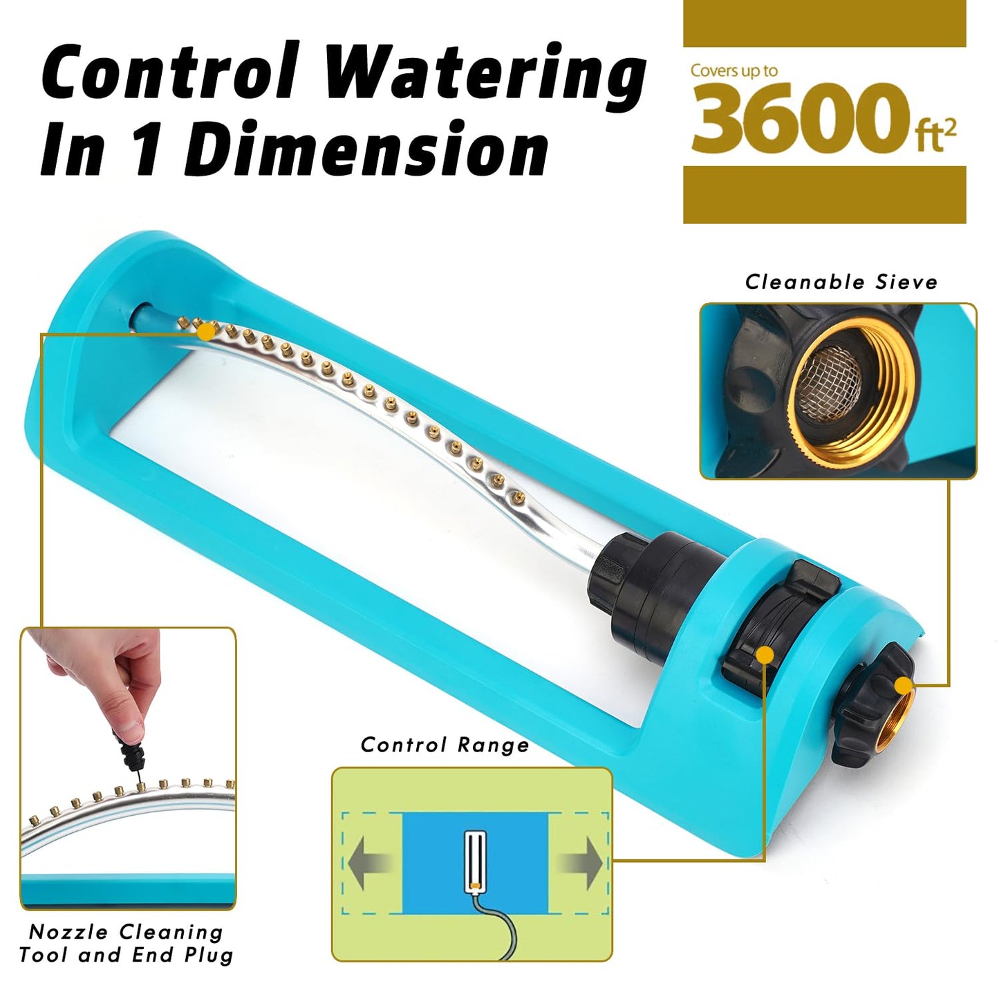 Lawn Sprinkler, Oscillating Sprinkler with 18 Hole Brass Nozzles, Gardening Tool Watering for Lawn & Garden Covers up to 3,600 sq.ft, Nozzle Cleaning Tool Build on the End of the Product, Blue