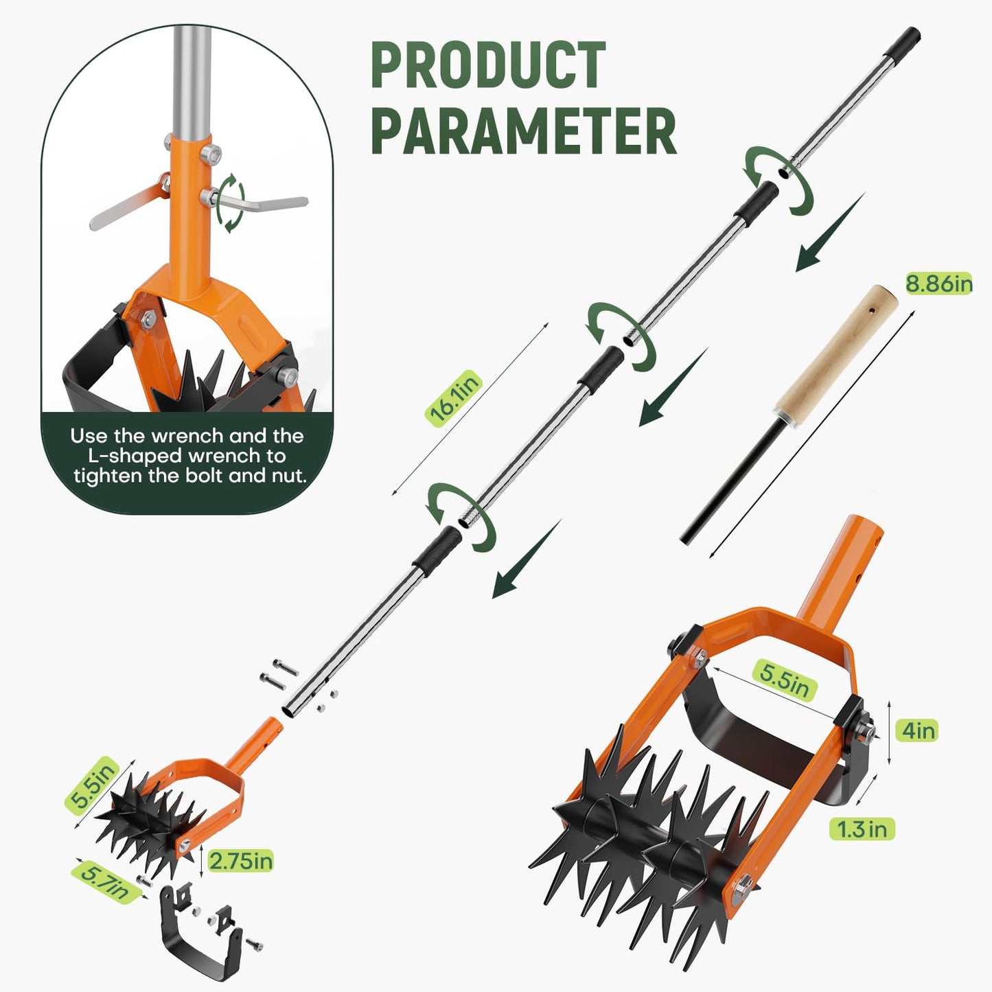 ARPEAK Rotary Cultivator Garden Tool, 2-in-1 Weeder & Soil Aerator with Detachable Weed Knife,73" Adjustable Stainless Handle, Dual-Function Rotary Tiller for Lawn Care, Reseed Grass, Soil Mixing