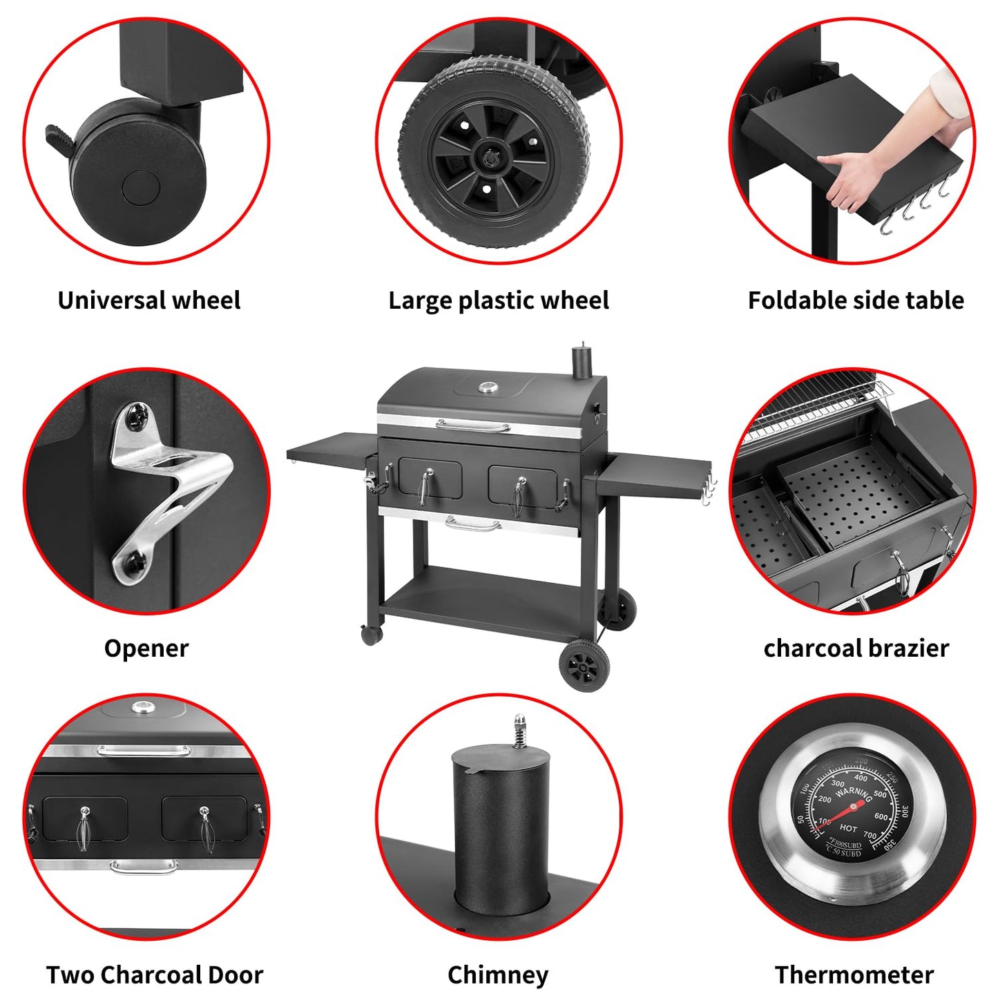 Charcoal Grill Outdoor BBQ Grill, Extra Large Cooking Area 794 Square Inches with Two Individual & Adjustable Charcoal Tray, Foldable Side Tables for Outdoor Cooking Backyard Camping Picnics By DNKMOR