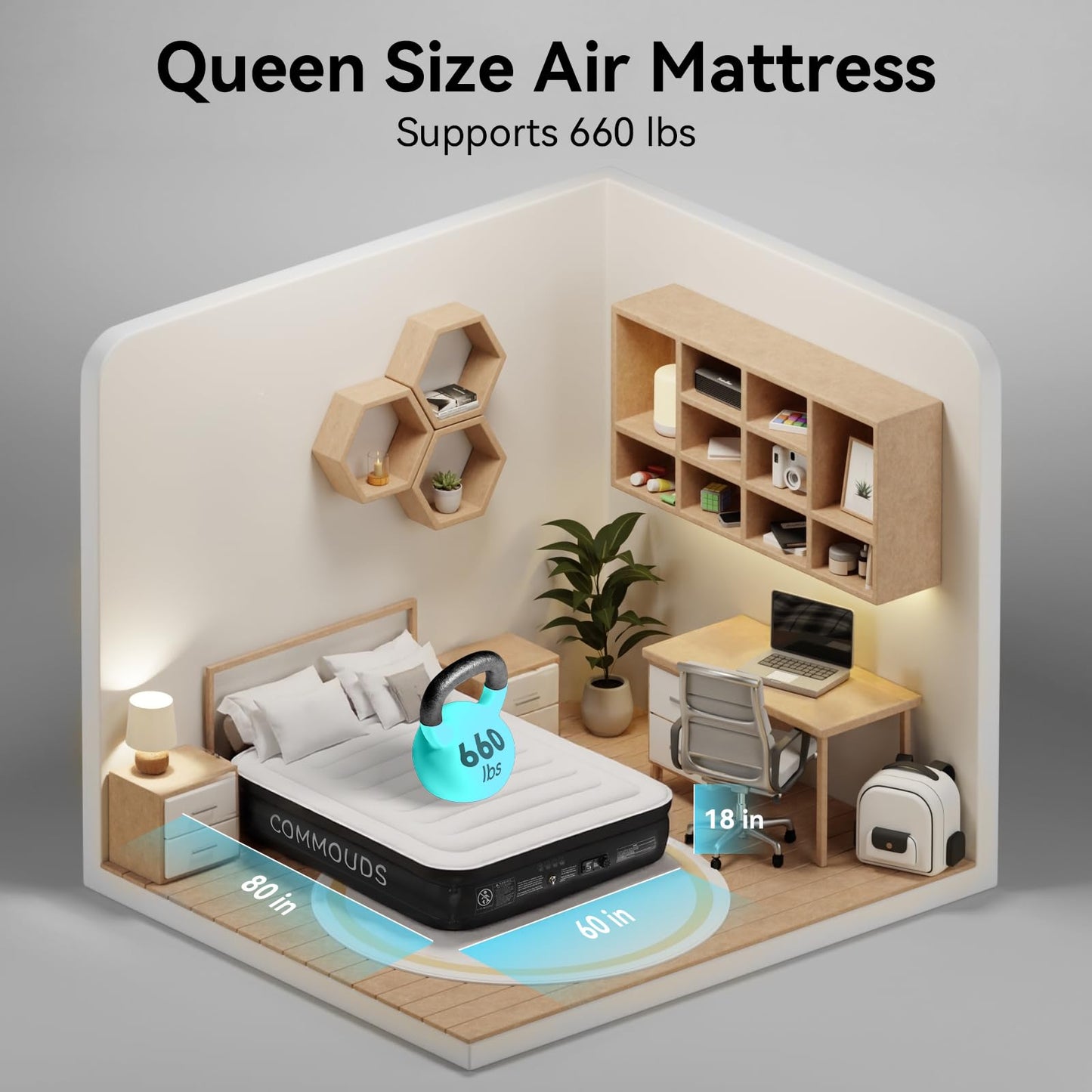 COMMOUDS Queen Air Mattress with Built-in Pump, 18" Raised Blow up Mattress, Comfort Inflatable Mattress with Waterproof Flocked Top, Portable Airbed for Guests, Camping, Home & Travel Use, 660lbs Max