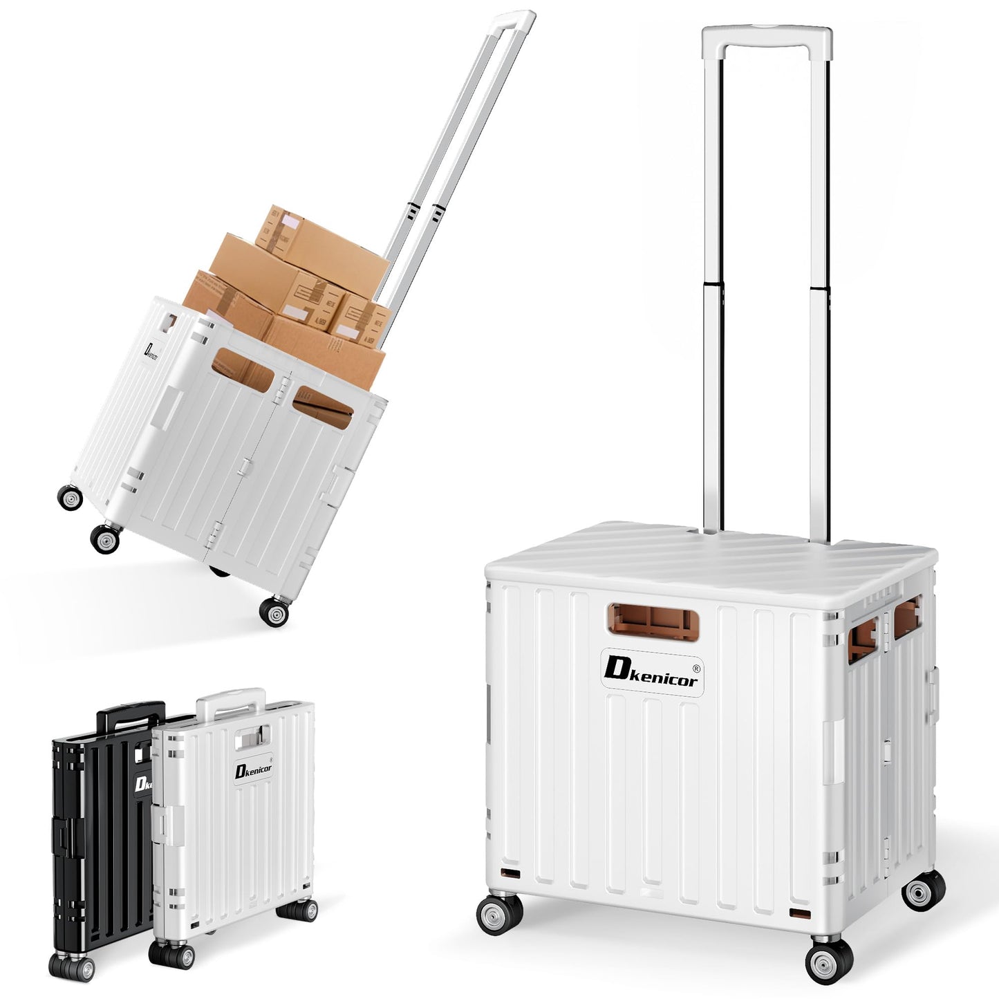 Dkenicor Folding Utility Cart, Portable Rolling Crate Handcart Collapsible Shopping Trolley with Lid, Foldable Tool Box Basket with 4 Rotate Wheels for Grocery, Office, Luggage, School - White