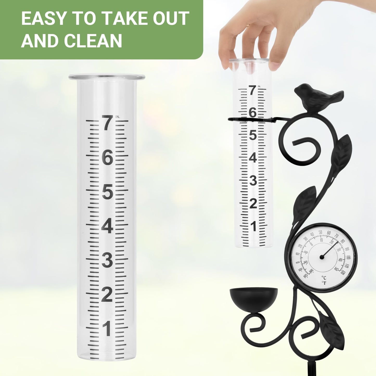 32" Garden Rain Gauge with Thermometer - 7" Glass Tube for Outdoor Indoor Use, Patio Yard Decor Statue