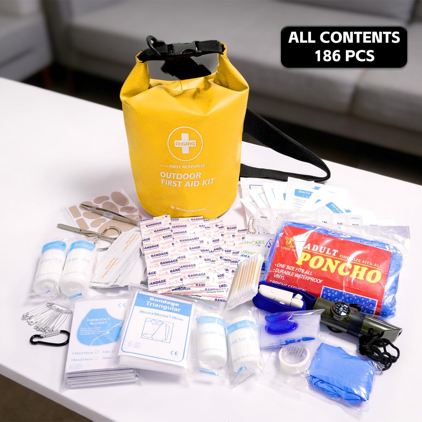 RIGRIG Waterproof First Aid Kit 186 Pcs Survival Gear, Portable Small Boat Dry Bag Bug Out Bags, Emergencies Medical Kit Ideal for Boating, Fishing, Hiking, Camping, Kayaking (Yellow)