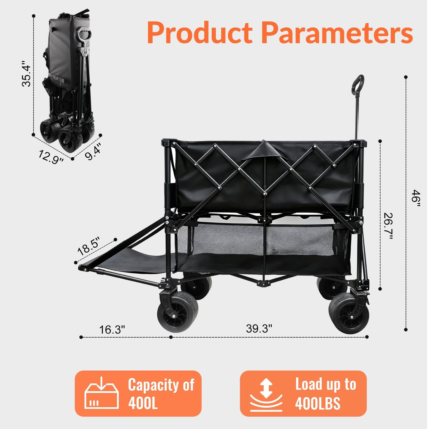 400L Large Capacity Double Decker Wagon Collapsible Wagon with Tailgate 55'' Extra Long, Foldable 450lbs Heavy Duty Beach Cart with All-Terrain Big Wheels,Utility Carts, Sports,Outdoor,Shoping Cart