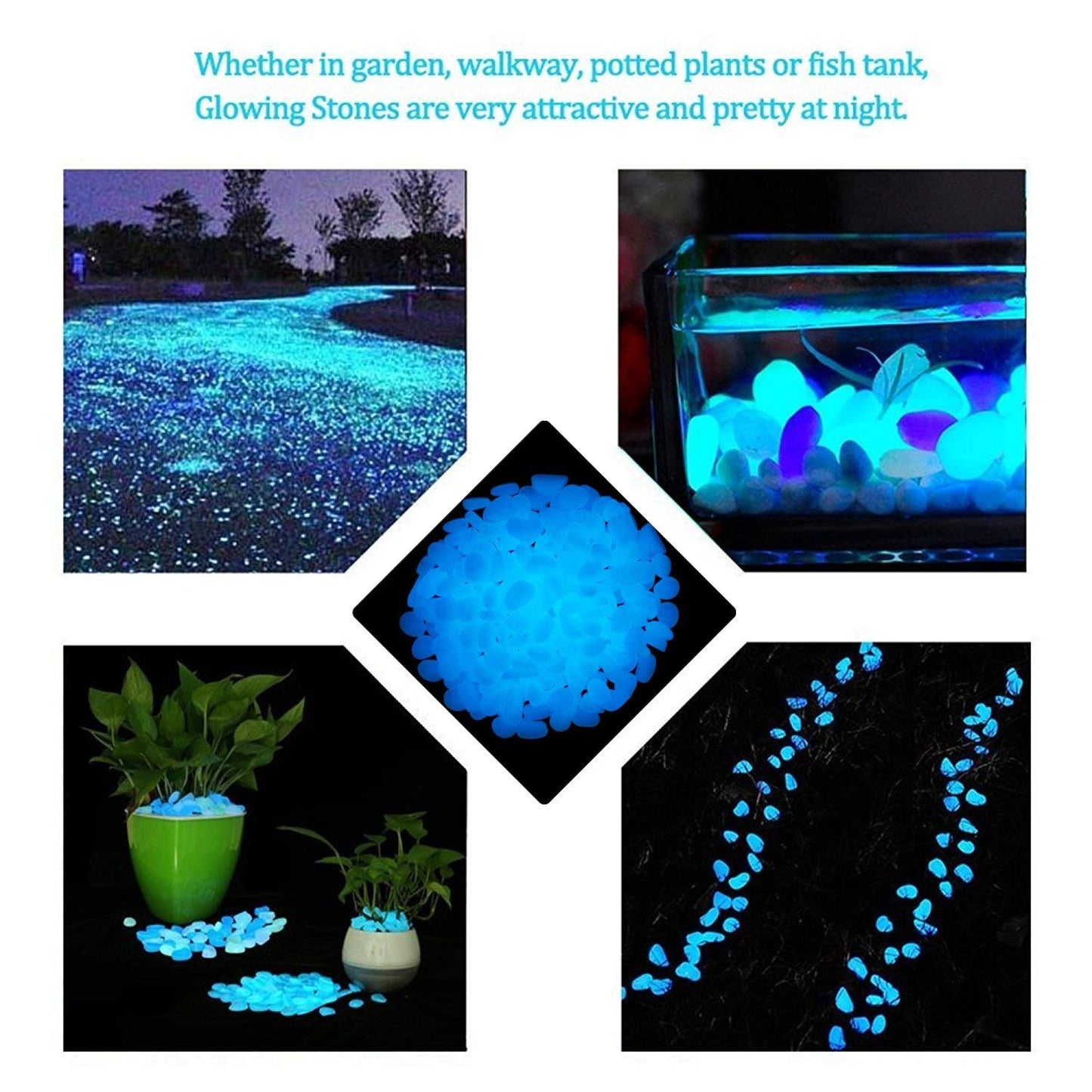4.8Lbs 1100pcs Glow in The Dark Stones Garden Pebbles Rocks Indoor Outdoor Decor Luminous Stone for Walkways Driveway Yard Grass (White in Daytime, Blue in Night)