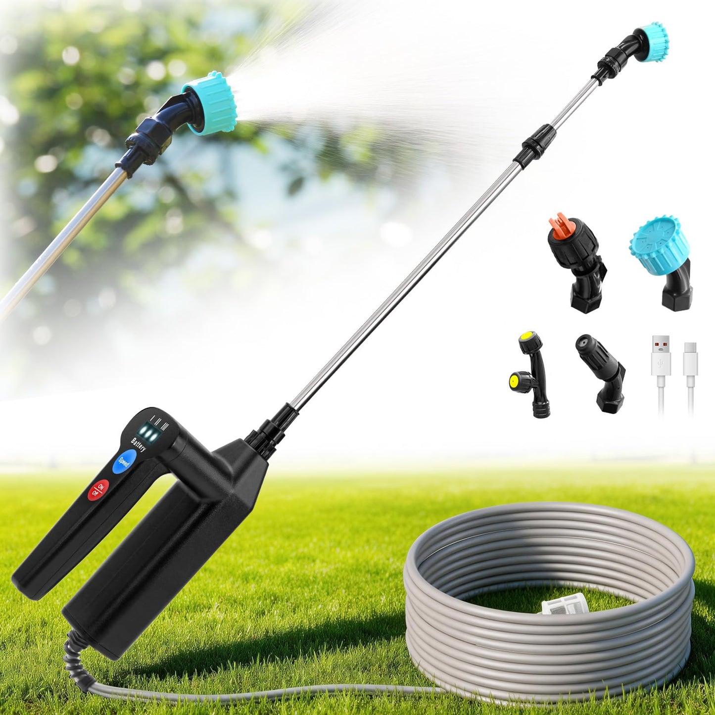 Sylsmart Battery Powered Sprayer Wand with 32.8FT Extended Hose, Electric Garden Sprayer with 3 Speeds & Battery Indicator, 4 Nozzles, 7.4V Portable Weed Sprayer for Lawn Care, Fertilizing, Watering