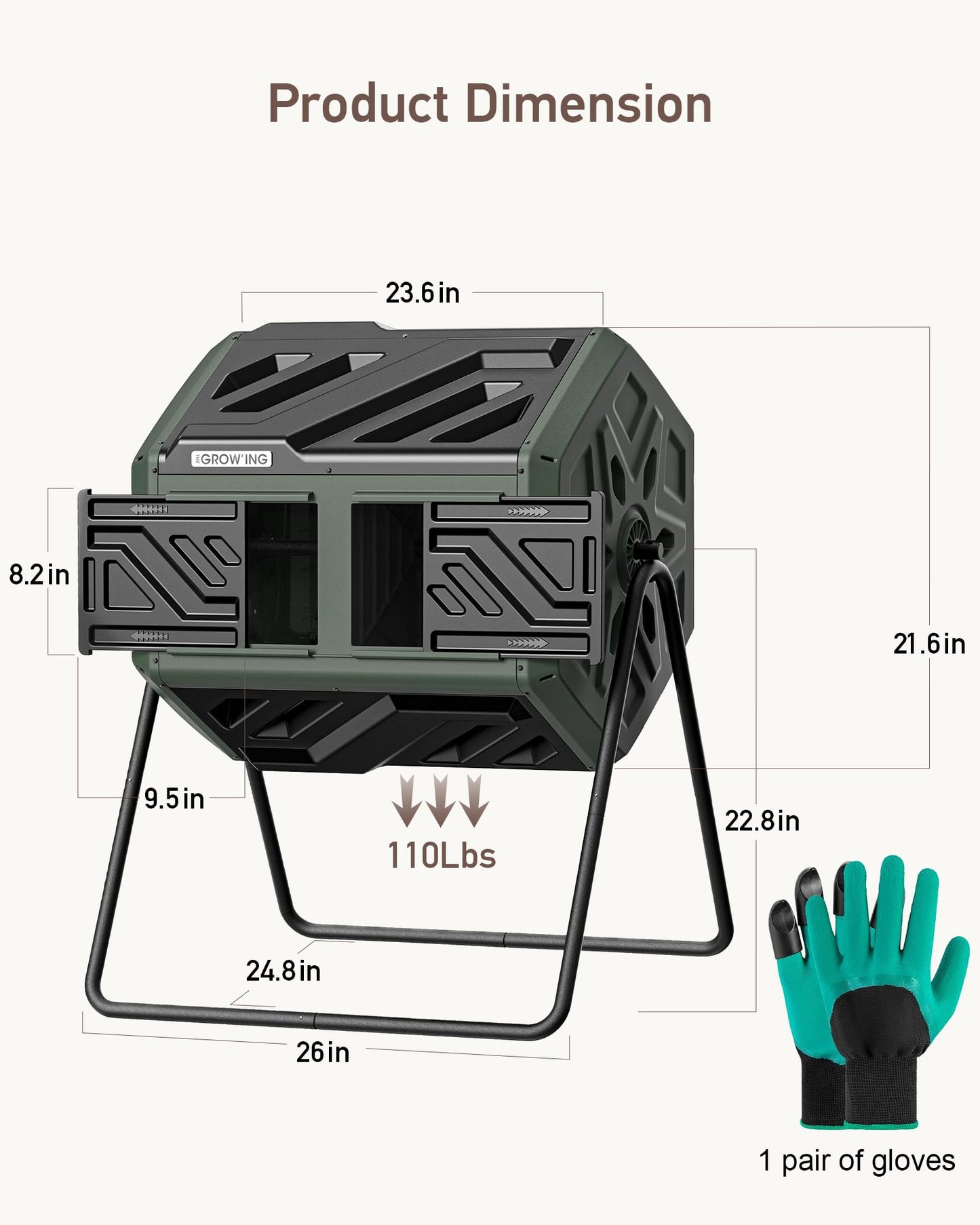 THEGROW'ING 43 Gallon Dual Chamber Compost Bin with Built-in Nuts, Outdoor Rotating Composter Tumbler for Garden Backyard, Green