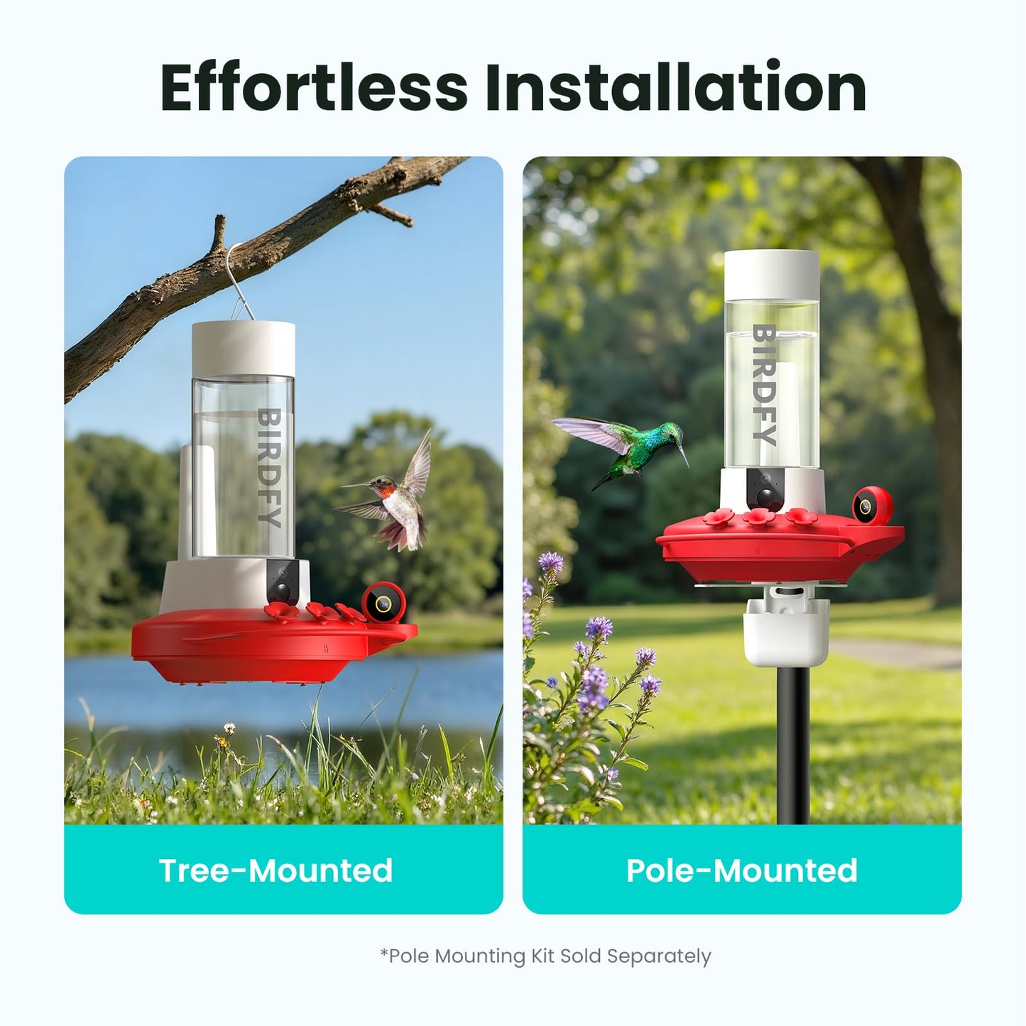Birdfy Hummingbird Feeder with Dual Cameras - 2K HD Smart Cameras Solar Powered, Close-Up Bird Video/Live Watching & Instant Notifications, Ant Moat & Leakproof - 20oz (AI Lifetime)