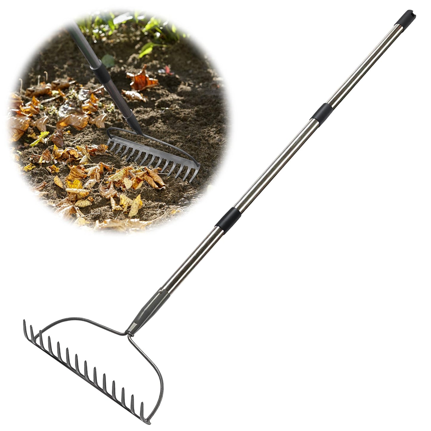 Rake for Leaves, Garden Bow Rake for Lawns Heavy Duty, 5 ft Back-Saving Long Handle, 14 Metal Tines, Yard Gardening Tools for Loosen Soil, Clear Gravel Grass Rock, Level Mulch