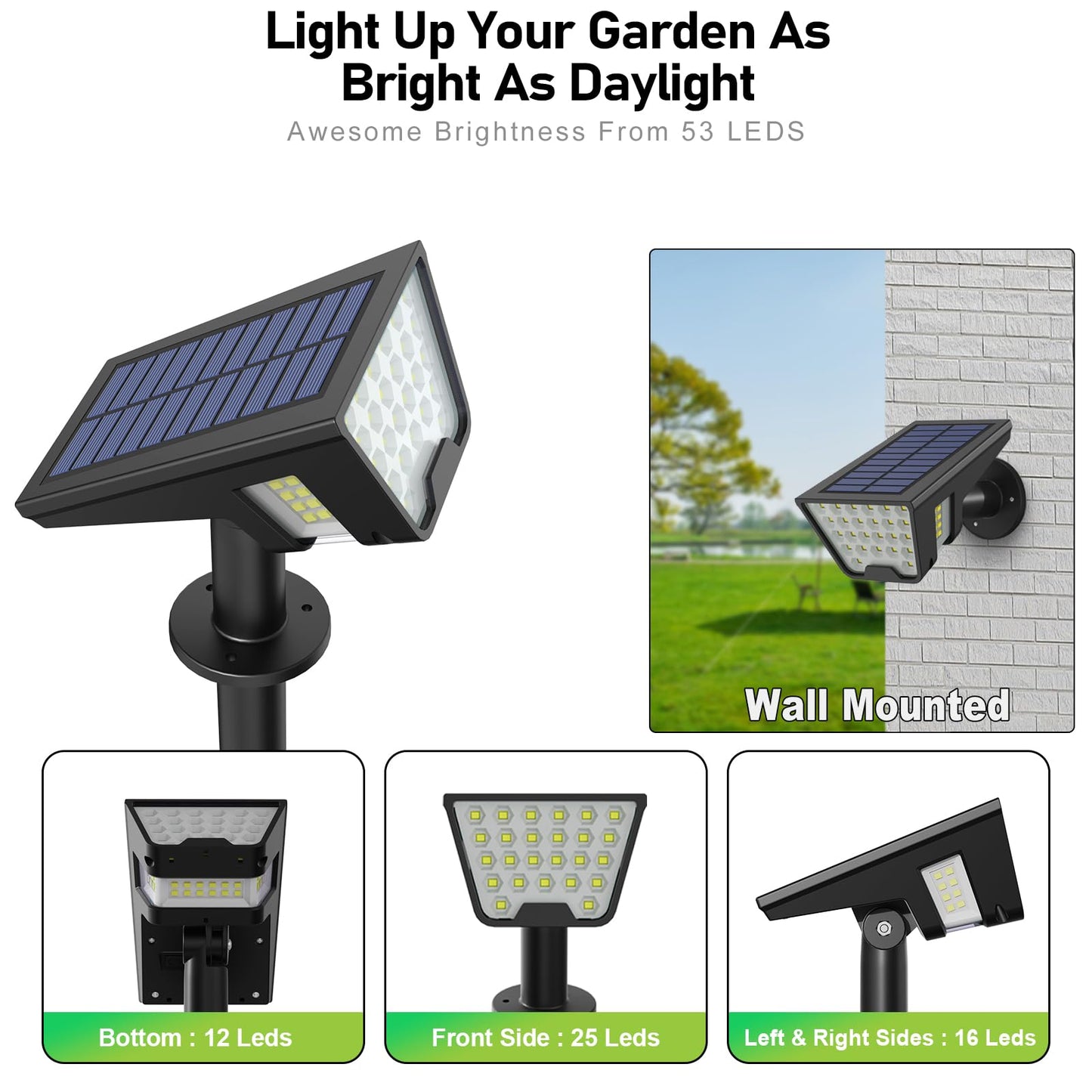 Latband Solar Spot Lights Outdoor IP65 Waterproof, 53 LEDs Solar Powered Garden Yard Lights Outdoor 3 Modes Landscape Spotlight Wall Light with Auto On/Off for Driveway Porch 2 Pack (Cool White)