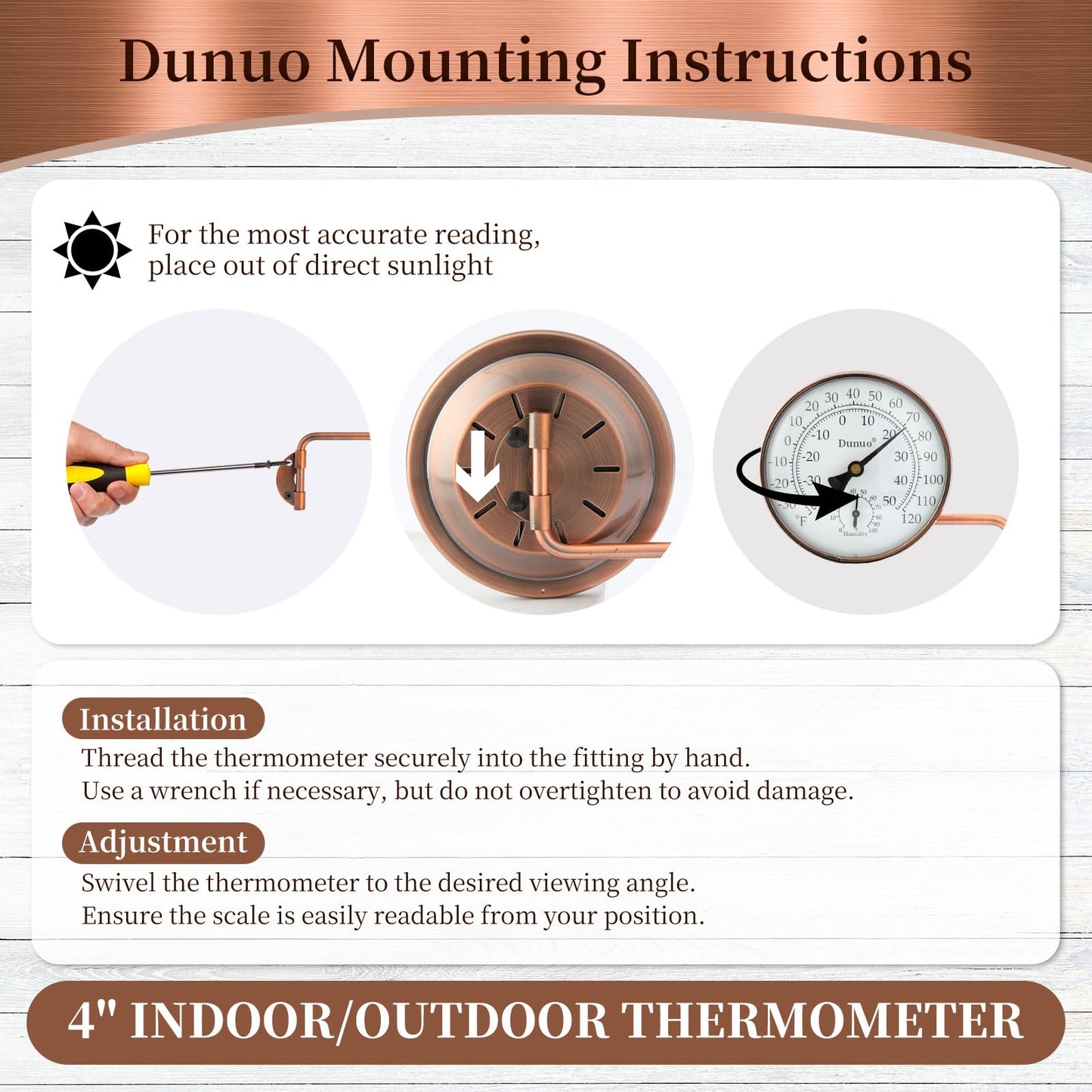 Dunuo 4" Brass Outdoor Thermometer with Humidity, Analog Wall Mount Temperature Gauge, Decorative for Patio, Garage, House, Greenhouse, Window, Antique Bronze, No Battery