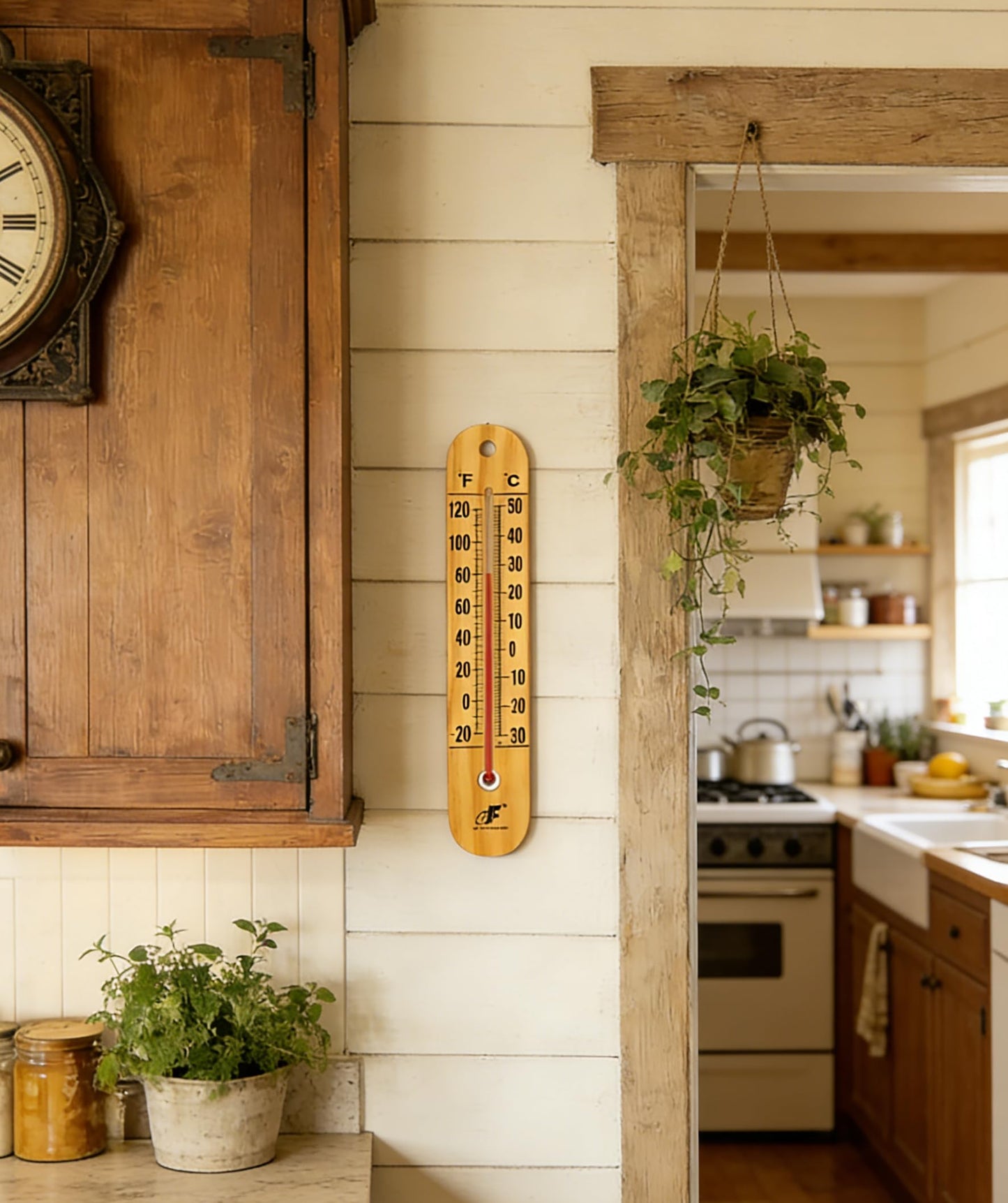 Large 10.5 Inch Vertical Wood Thermometer for Indoor & Outdoor Use, Wide Range -20°F to 120°F / -30°C to 50°C, Battery-Free with Dual Fahrenheit & Celsius Scale,Weather Resistant, Easy to Hang
