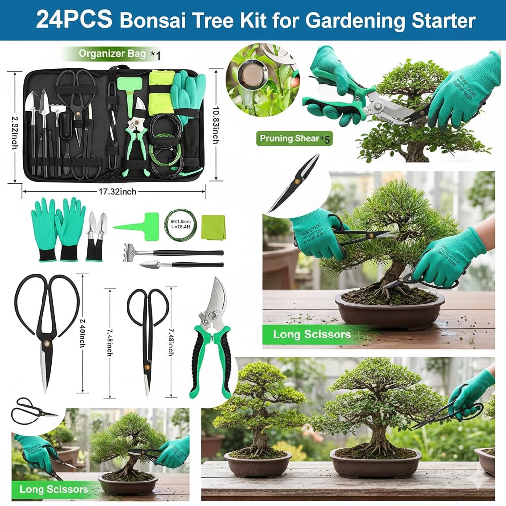 Bonsai Tools Kit - Bonsai Tree Tools Set with 24 Accessories, Bonsai Wire, Pruning and Trimming Tools for Beginners and Adults, Complete Bonsai Care and Starter Kit