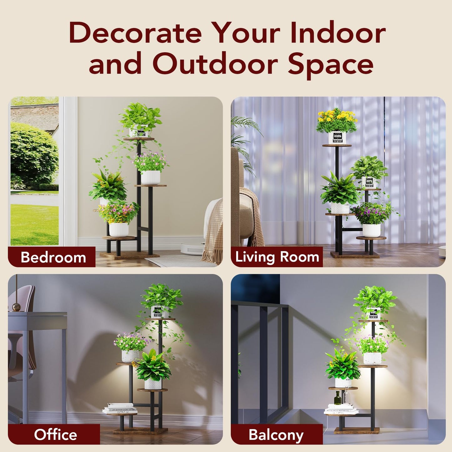 Homsorout Plant Stand Indoor with Grow Light,4-Tiered Tall Plant Stand Indoor, Metal Plant Shelf with Adjustable Light, Ideal for Living Room, Garden, Patio (Black Brown)