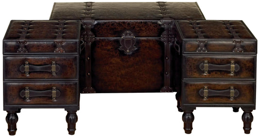 Deco 79 Faux Leather Home Bench Vintage 4 Drawer Entryway Benches with Faux Leather Straps and Studs, Set of 3 Bedroom Benches 37", 16", 16"W, Brown