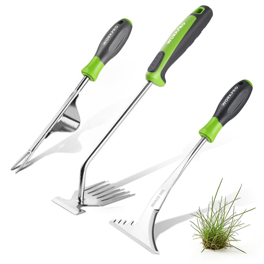 WORKPRO 3-Piece Weed Puller Tool Set – 15" 6-Tine Weed Remover, 12" Hand Weeder, 12.5" Crack Weeder, Stainless Steel with Ergonomic Handle for Lawn, Garden, Yard
