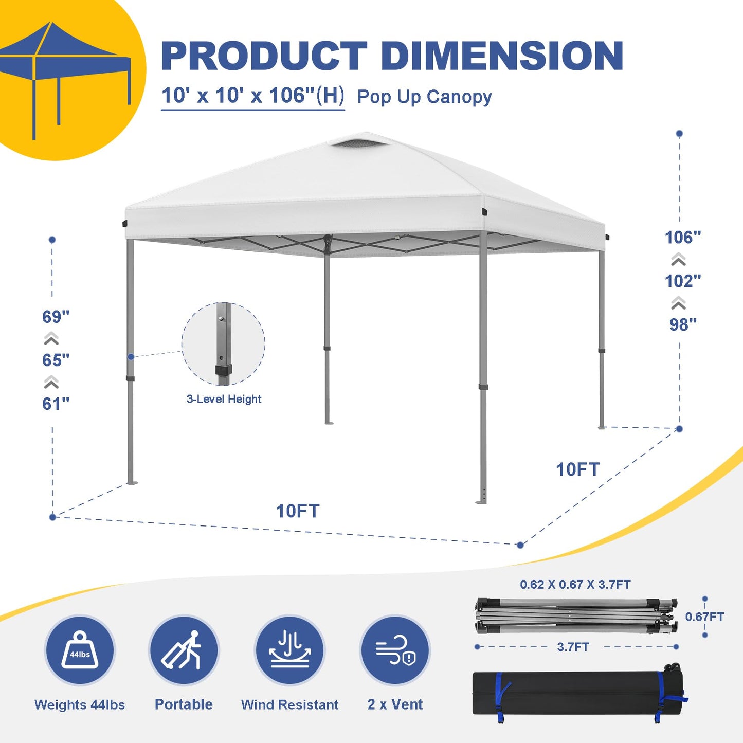 Explore Land 10x10ft Pop Up Canopy with One Push Setup Heavy Duty Outdoor Sun Shade Tent for Beach,Camping,Events,Parties(White)