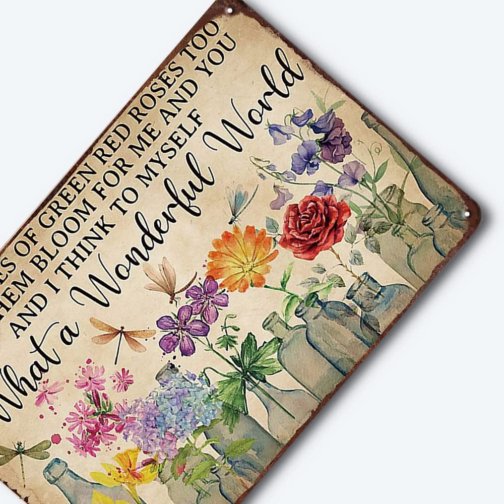 YOYI ART Dragonfly and Flowers Metal Tin Sign, What a Wonderful World I See Trees of Green Red Roses Too, Funny Garden Signs Wall Decor, Retro Tin Sign Flowers Poster Metal Garden Signs, 12 x 8 inch