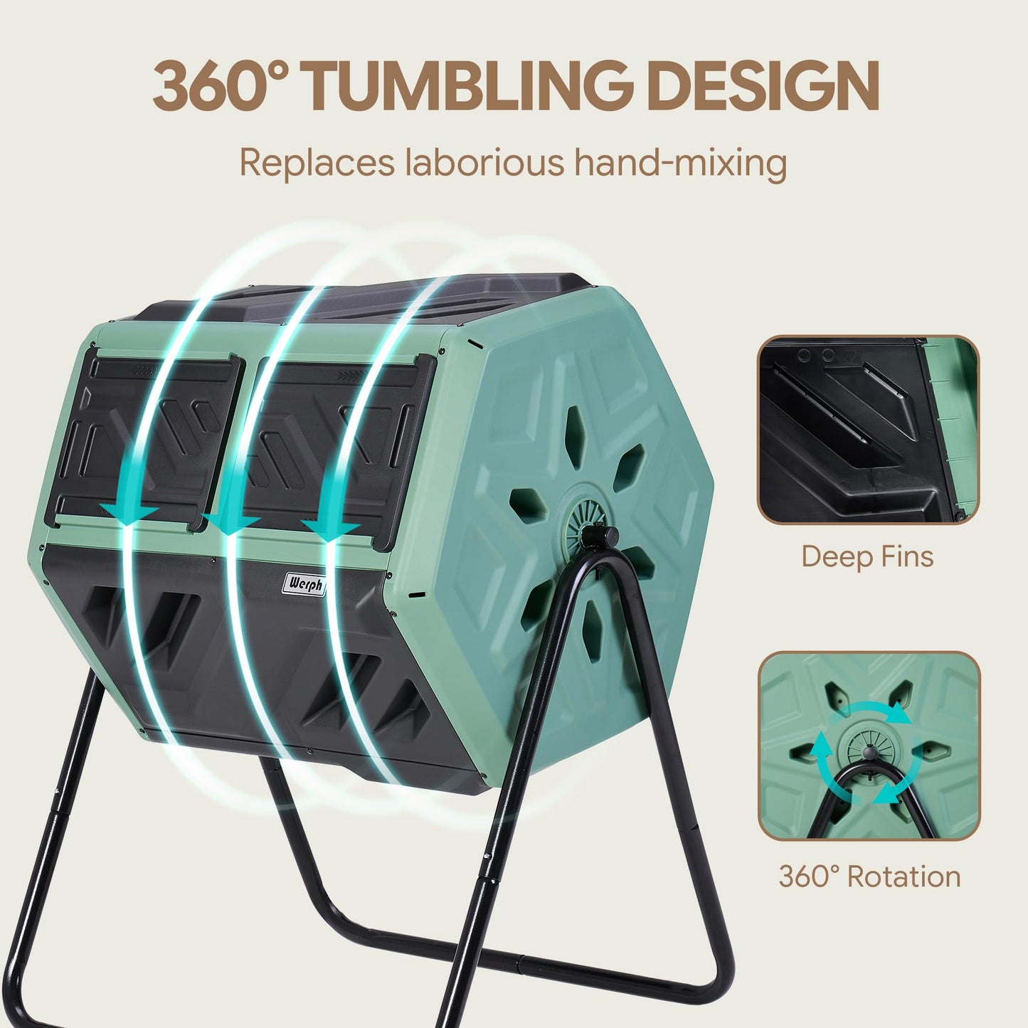 Werph Updated 43 Gallon Dual-Chamber Compost Bin, Fast Assembly Rotating Outdoor Compost Tumbler, Batch Composter with Gloves for Garden, Kitchen, and Yard Waste, Green & Black