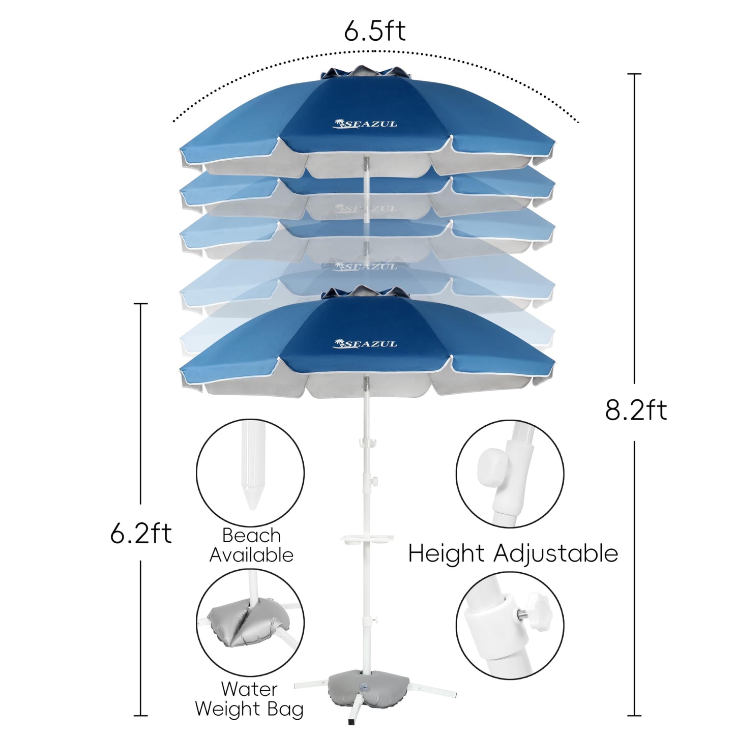Seazul 6.5ft Sun Shade Umbrella, Portable Umbrella with Stand for Sports, Water Weight Bag, Adjustable and Lightweight, Sun Protection, Blue