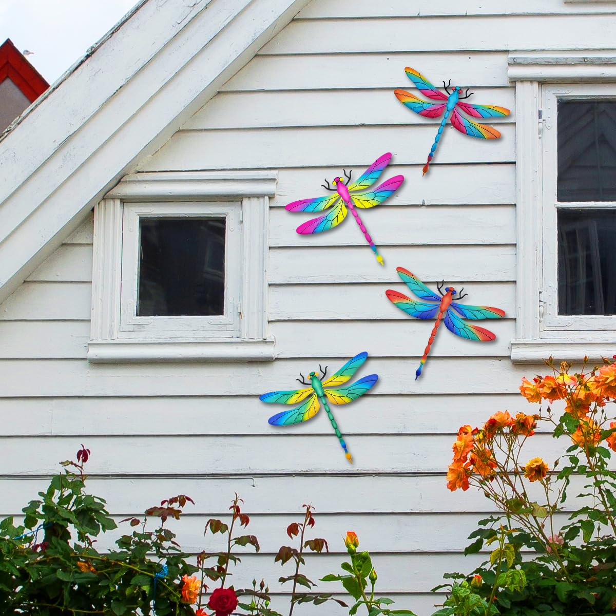 Metal Dragonfly Wall Decor, 4 Pack 13 inch Metal Dragonflies Wall Art Hanging Sculpture Decorations for Outdoor, Yard Patio Fence Garden Outside Decor
