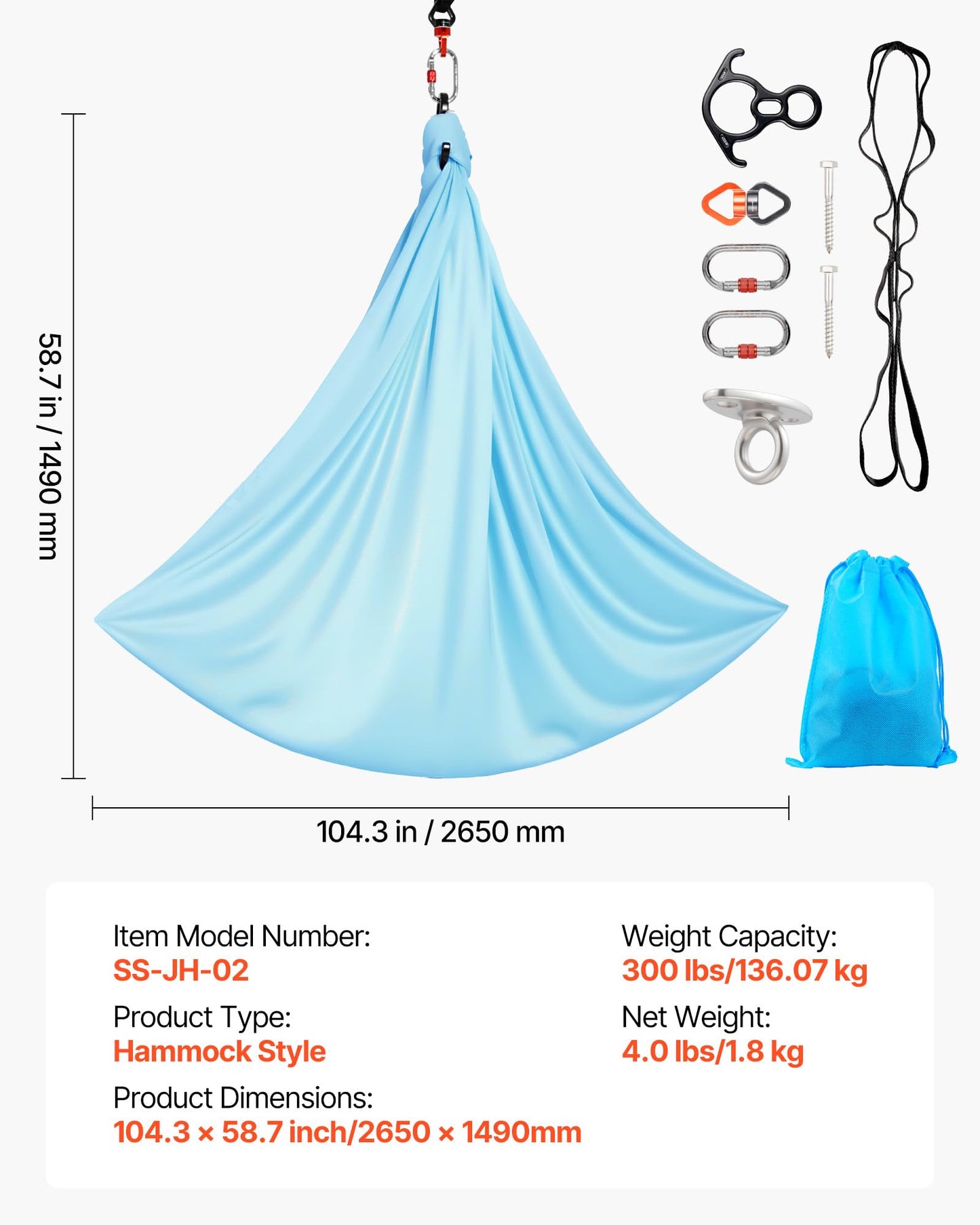VEVOR Sensory Swing for Kids & Adults, Maximum 300 lbs Load Aerial Silk, Indoor & Outdoor Double Layer Therapy Cuddle Swing with 360° Swivel Hanger, Calming Compression Therapy Swing, Light Blue