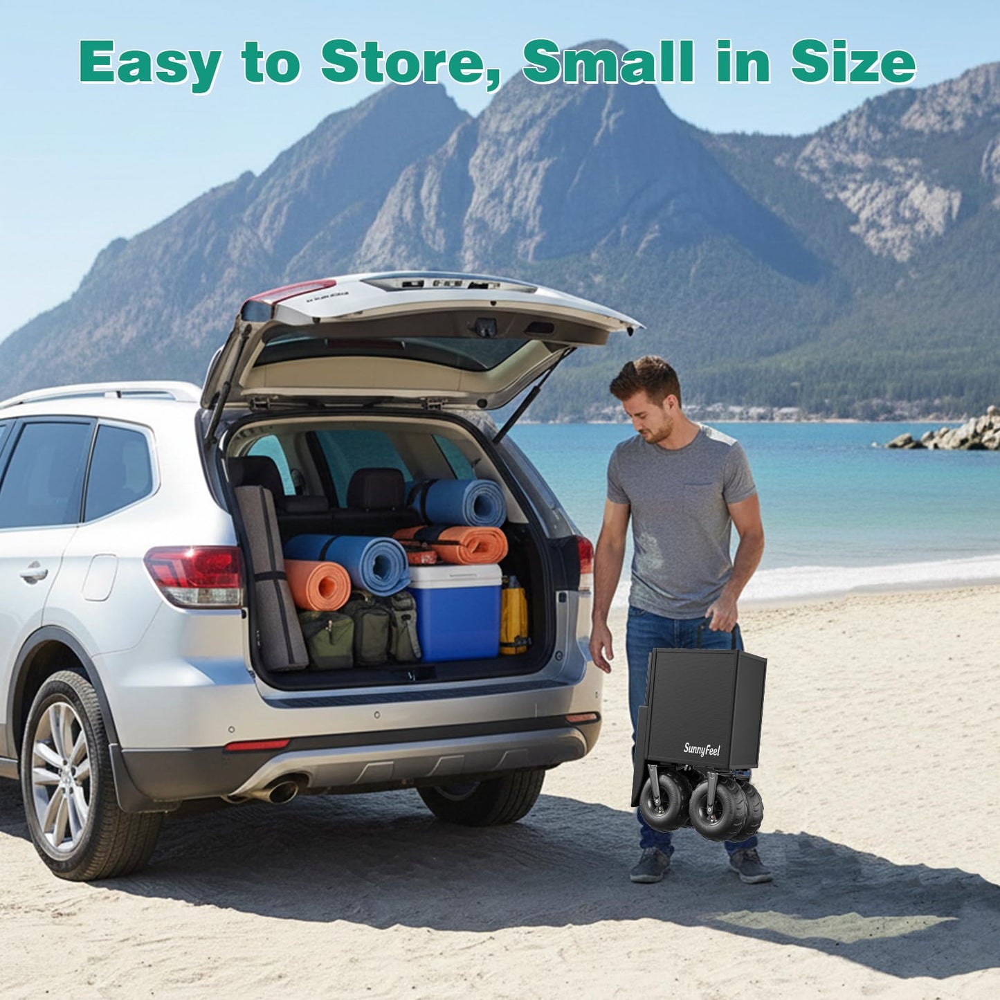 SUNNYFEEL Collapsible Beach Wagon with 9" Balloon Wheels, 300L Beach Cart with Big Wheels for Sand, 550LBS Heavy Duty Folding Wagon Cart with Adjustable Handle for Camping, Garden, Outdoor, Black