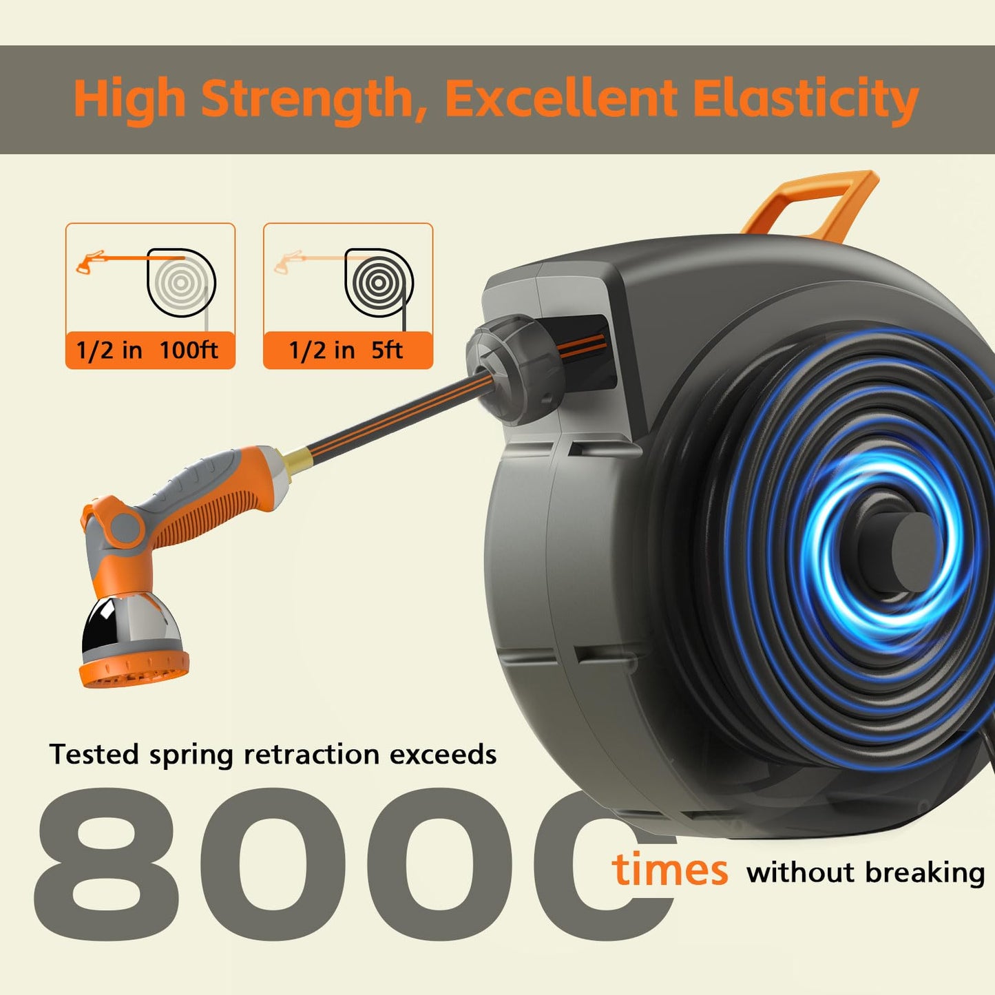 Entgard Retractable Garden Hose Reel 100 FT, 1/2" Heavy Duty Garden Hose 435 PSI Burst Pressure, Wall Mounted Water Hose Reel with 10-Pattern Nozzle, 180° Swivel, Slow Auto Rewind & Any Length Lock
