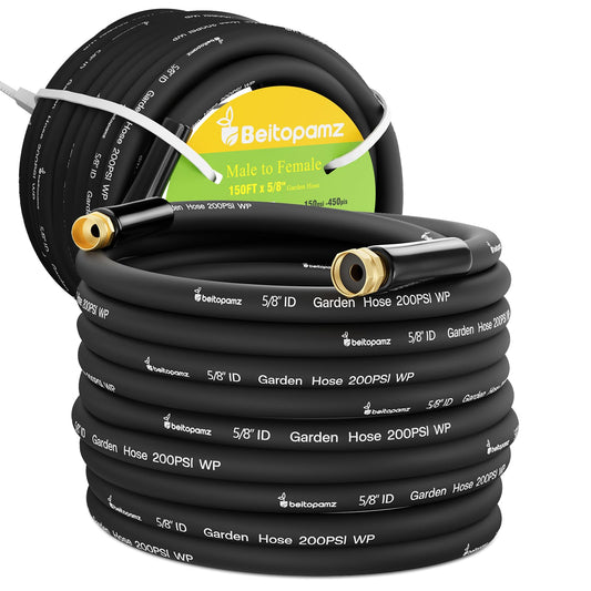 Beitopamz 150 ft Garden Hose, 5/8 in Heavy Duty Water Hose, Flexible and Durable, Lightweight Rubber Hybrid Hose, Leak-Free Connections, Male to Female 3/4'' Brass Fittings for Patio, Lawn, Black