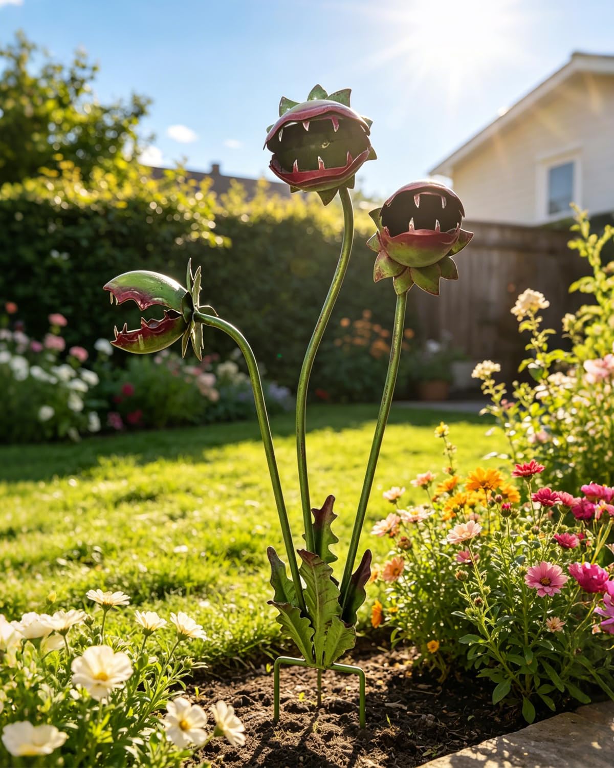 AIZHIYI Whimsical Metal Carnivorous Plant Garden Stake, 25 Inch Venus Flytrap Yard Art Sculpture, Decorative Outdoor Lawn Ornament for Patio Flower Bed Unique Quirky Garden Gift
