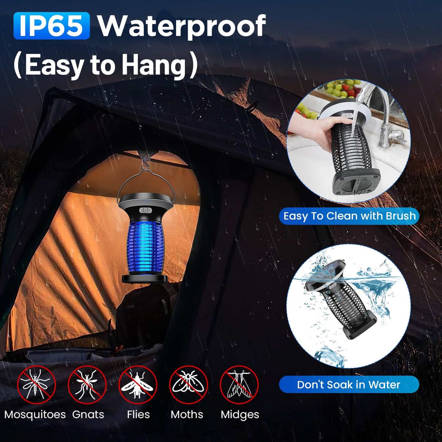 Solar Bug Zapper Outdoor Waterproof, Portable & Rechargeable Bug Zapper with Panel Sensor & LED Night Light Mosquitoes Zapper, Electric Fly Zapper for Home, Patio, Backyard, Camping