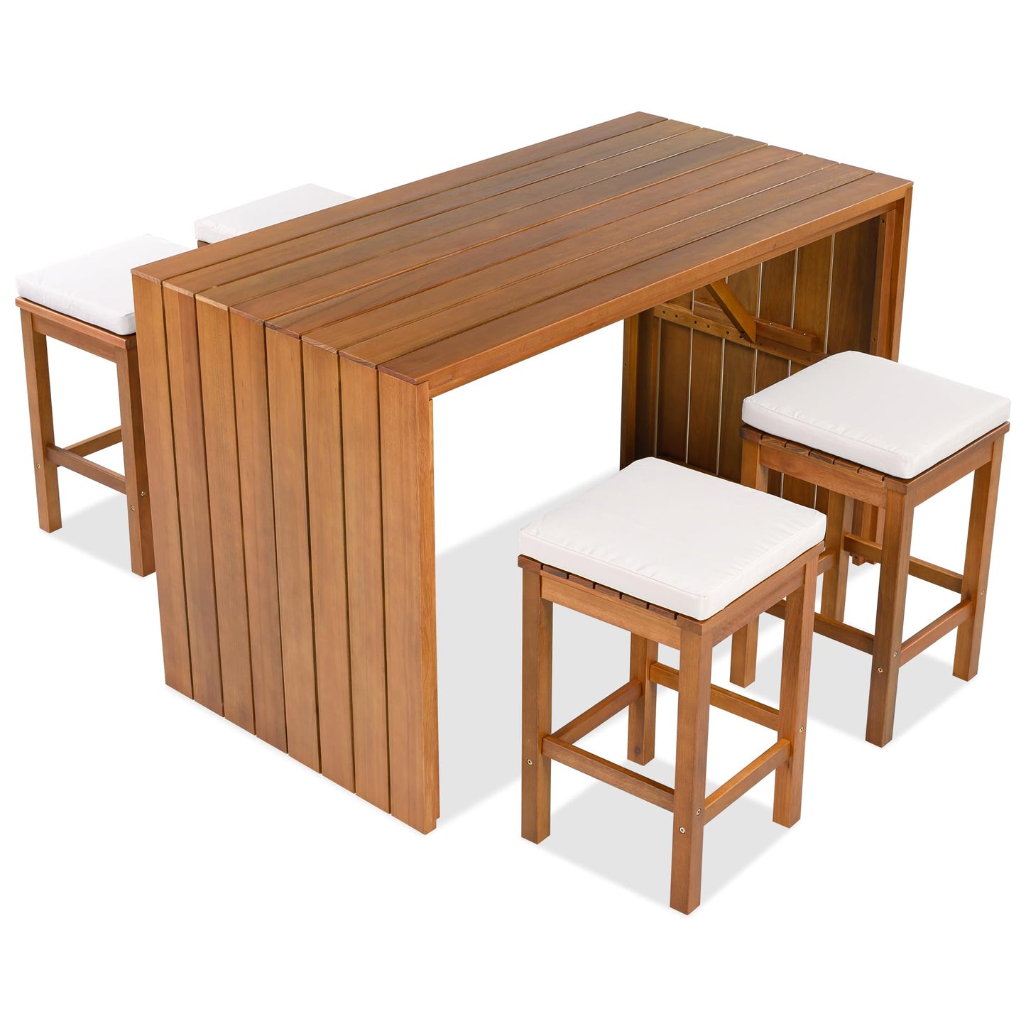 Merax 5 Piece Outdoor Acacia Wood Dining Table Bar Set, Patio Acacia Wood Bar Height Table & 4 Stools with Cushions, Wood Dining Bar Set for Backyard, Poolside, Balcony, Beige Cushion + Natural Wood