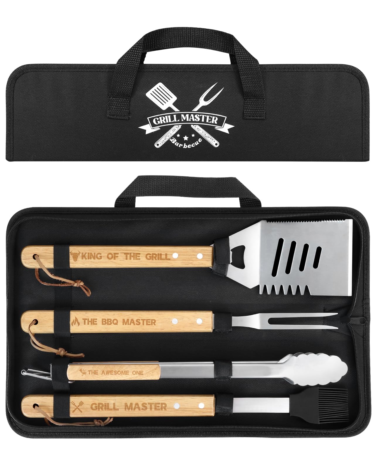 Coralogo 4PCS Grilling Accessories BBQ Tools - Stainless Steel Grill Set with Tongs, Fork, Spatula, Brush, Carrying Bag, Birthday for Men, Father, Husband