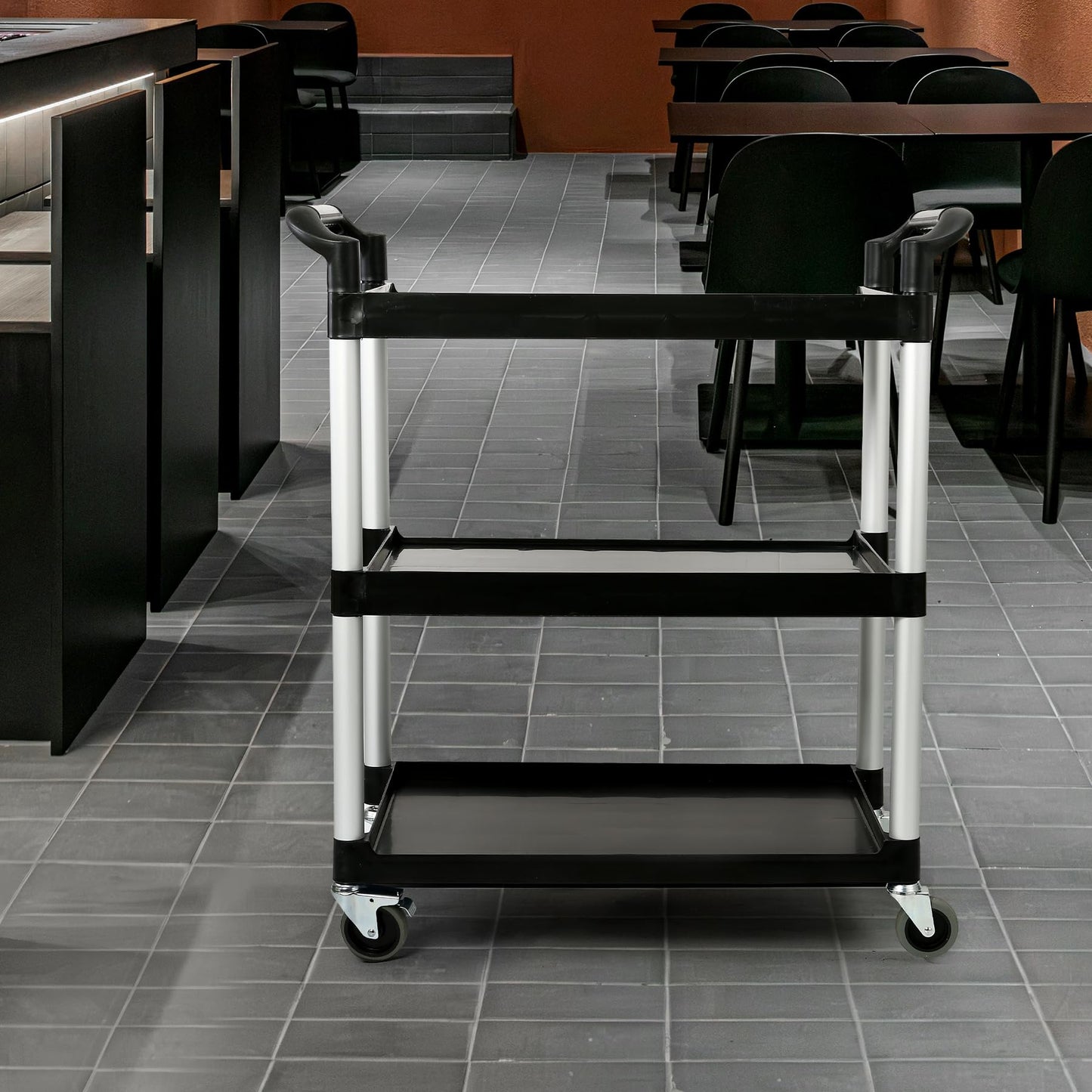 3-Tier Utility Rolling Cart with Wheels, Durable Catering carts with Wheels, Rolling Storage Cart for Hotel Canteen Resturant Office (Black, 31.4" D x 16.5" W x 37.7" H)
