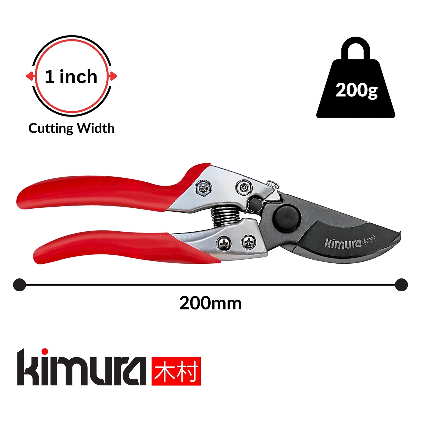 Kimura® 8" Pro Bypass Pruning Shears, Heavy Duty Japanese SK5 Steel Blades, 1 inch Cut Capacity, Non-Slip PVC Coated Handles, Lightweight & Ergonomic, Japanese Pruners, Professional Garden Clippers