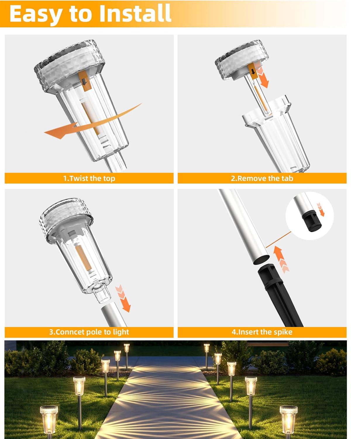 DERAYSION 12 Pack Solar Pathway Lights Outdoor, Auto Dusk-to-Dawn Landscape Garden Lighting, Waterproof Stainless Steel Pole Lighting for Path, Yard, Walkway, Garden, Driveway Decor - Warm White