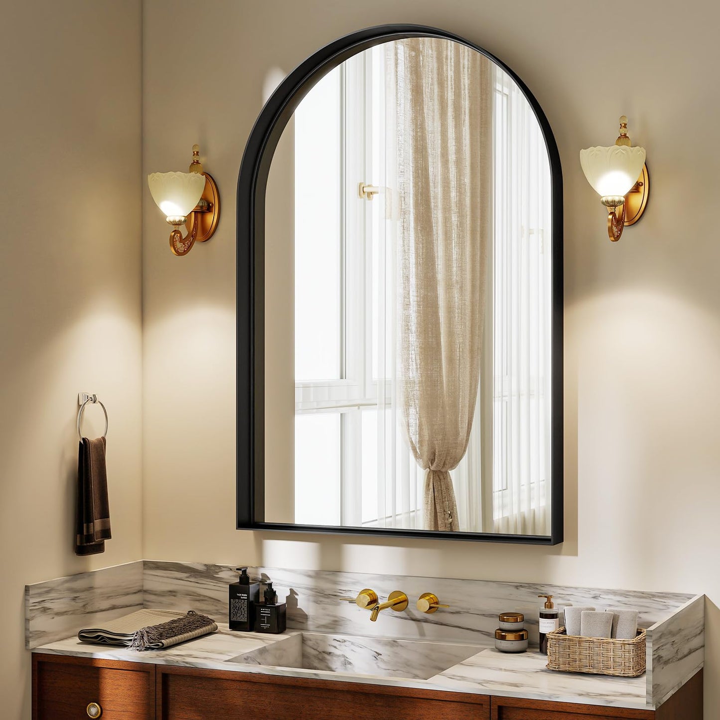 Riskioir 24" x 36" Luxury Arched Bathroom Mirror - Arch Wall Mirror with Shatterproof Tempered Glass and Metal Deep Frame, Hanging or Leaning for Living Room, Dresser, Entrance and Hallway, Black