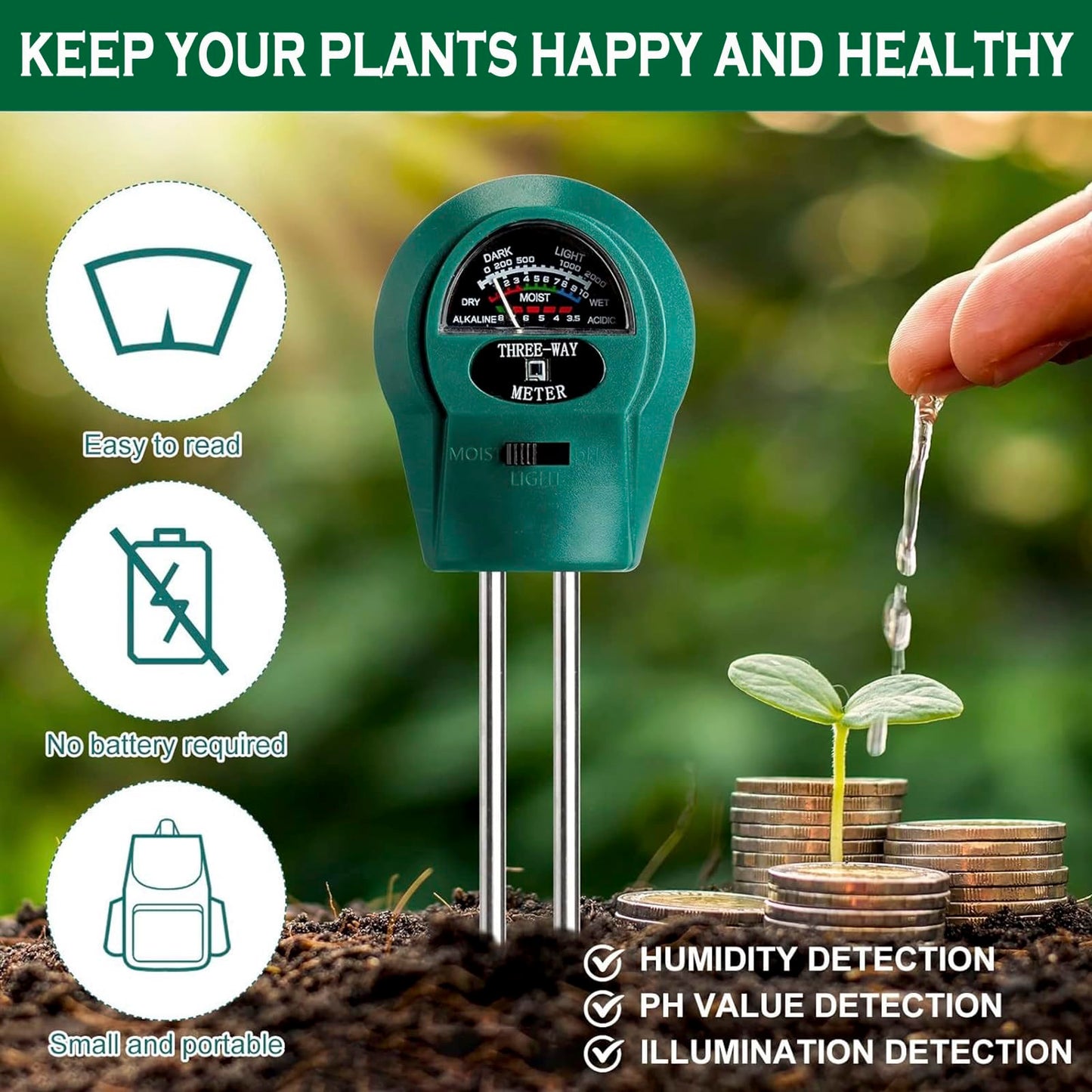 Speedinistic 3-in-1 Soil pH Meter - Moisture, Light, and pH Tester for Garden, Lawn, Farm, Indoor & Outdoor Plant Care, Green